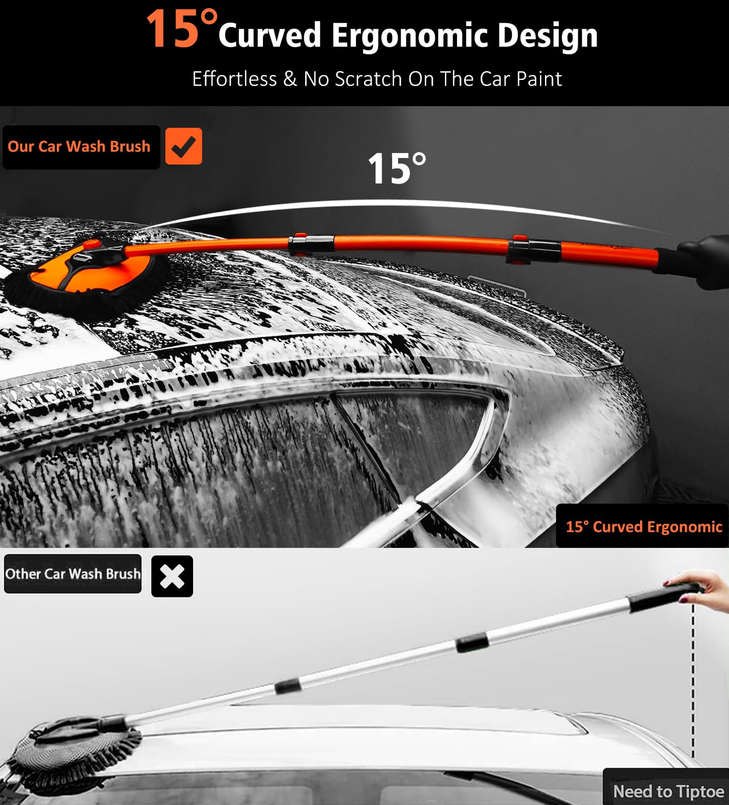 YeewayVeh Car Wash Brush, 43'' Extendable Car Wash Brush Mop with Long Handle, 15 Degree Curved Soft Car Washing Brushes with Ex