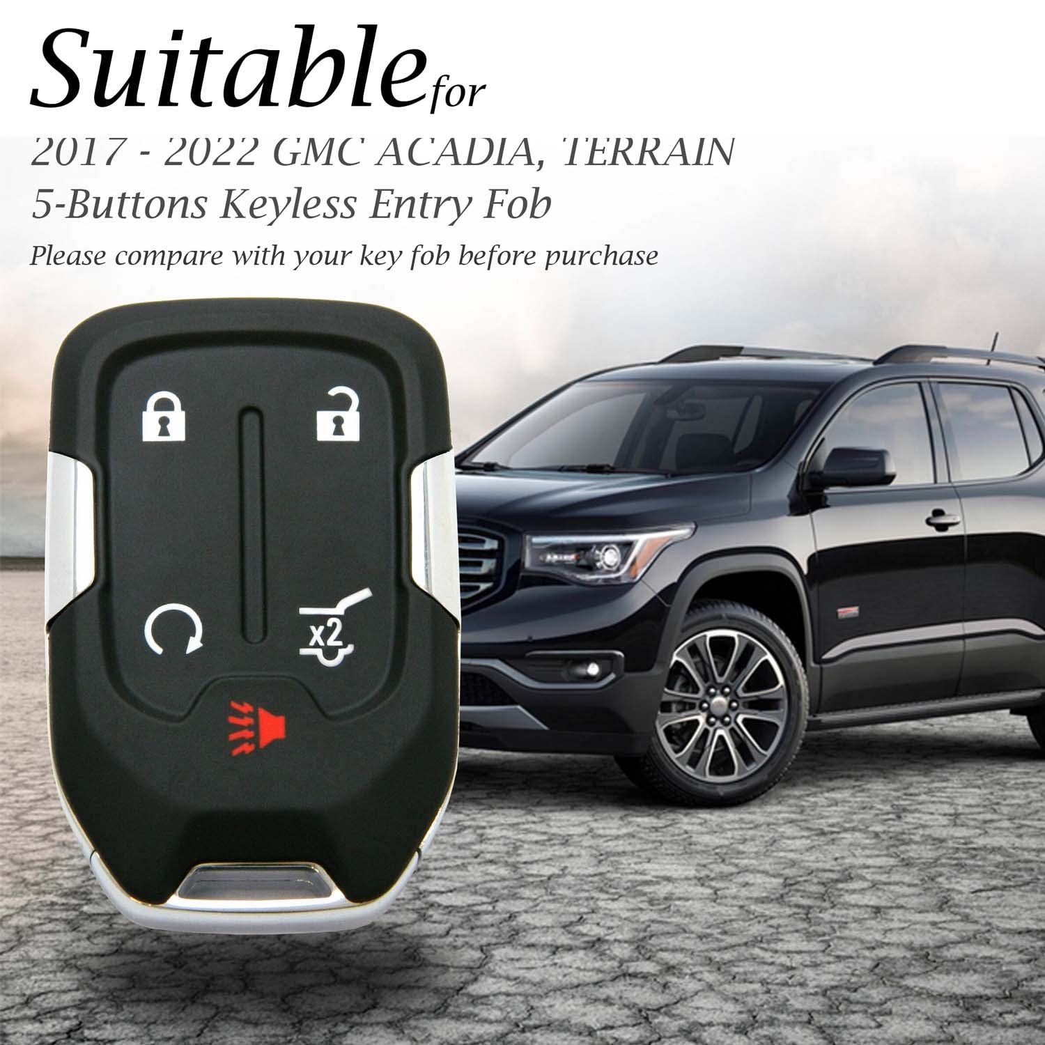 Vitodeco Genuine Leather Smart Key Fob Case With Leather Strap Compatible For Gmc Acadia, Gmc Terrain 2017 - 2023 (5-Button, Bro