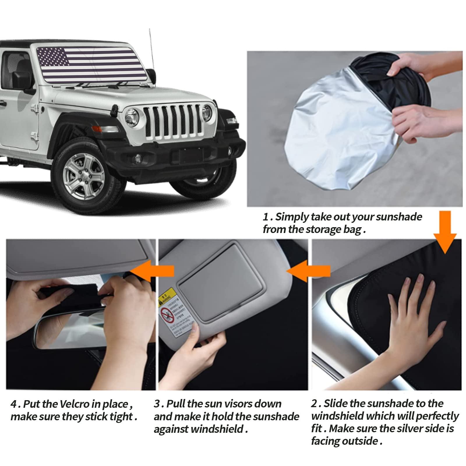 Moricere Upgrade Windshield Sun Shade With Usa Flag For Jeep Wrangler Jl Jlu 2018-2023, Foldable Windshield Sun Visor Blocks Uv