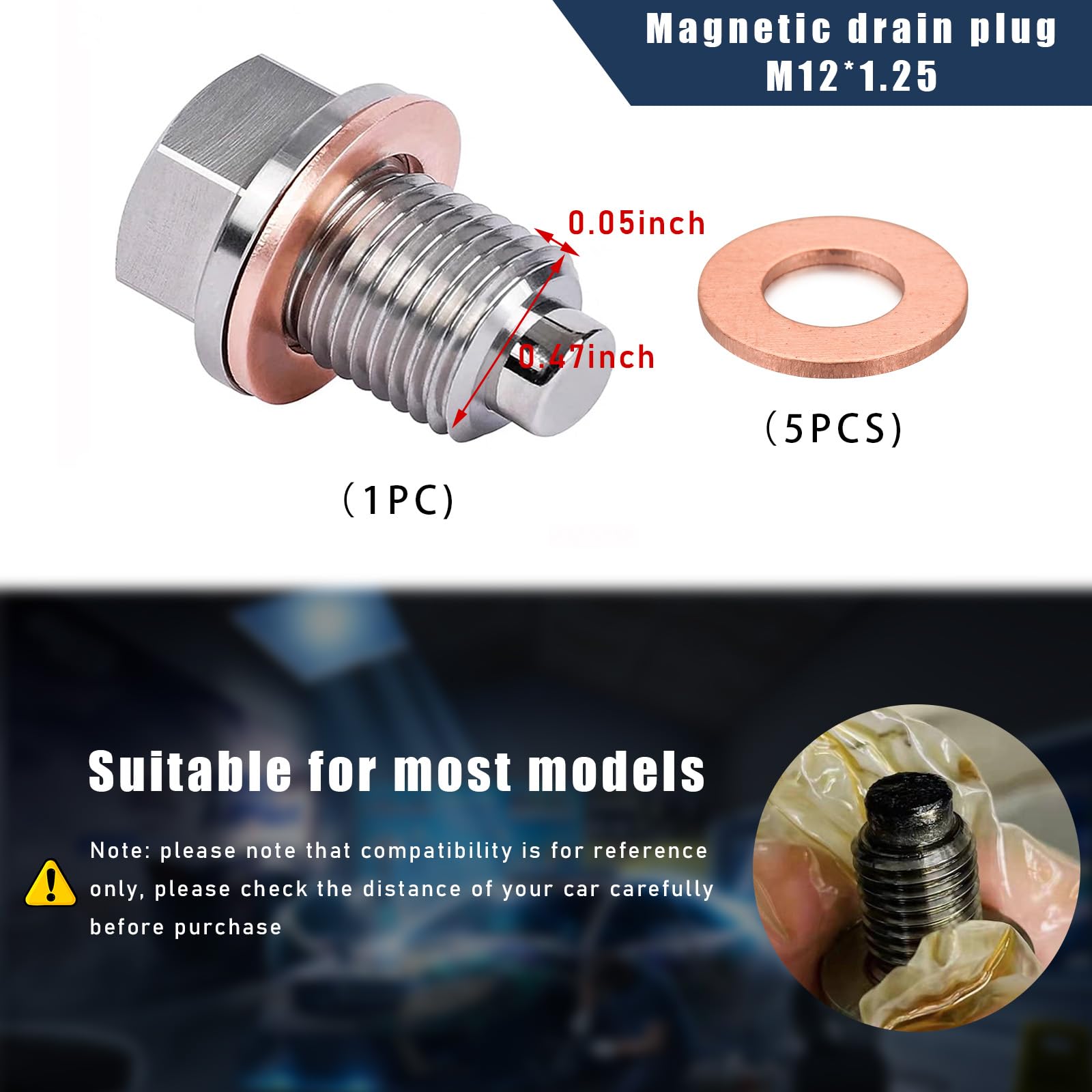 Povtii M12 X 1.25 Magnetic Oil Drain Plug, Stainless Steel Sump Drain Nut Bolt With 5 Crush Washer Gaskets, Leak-Proof Oil Drain