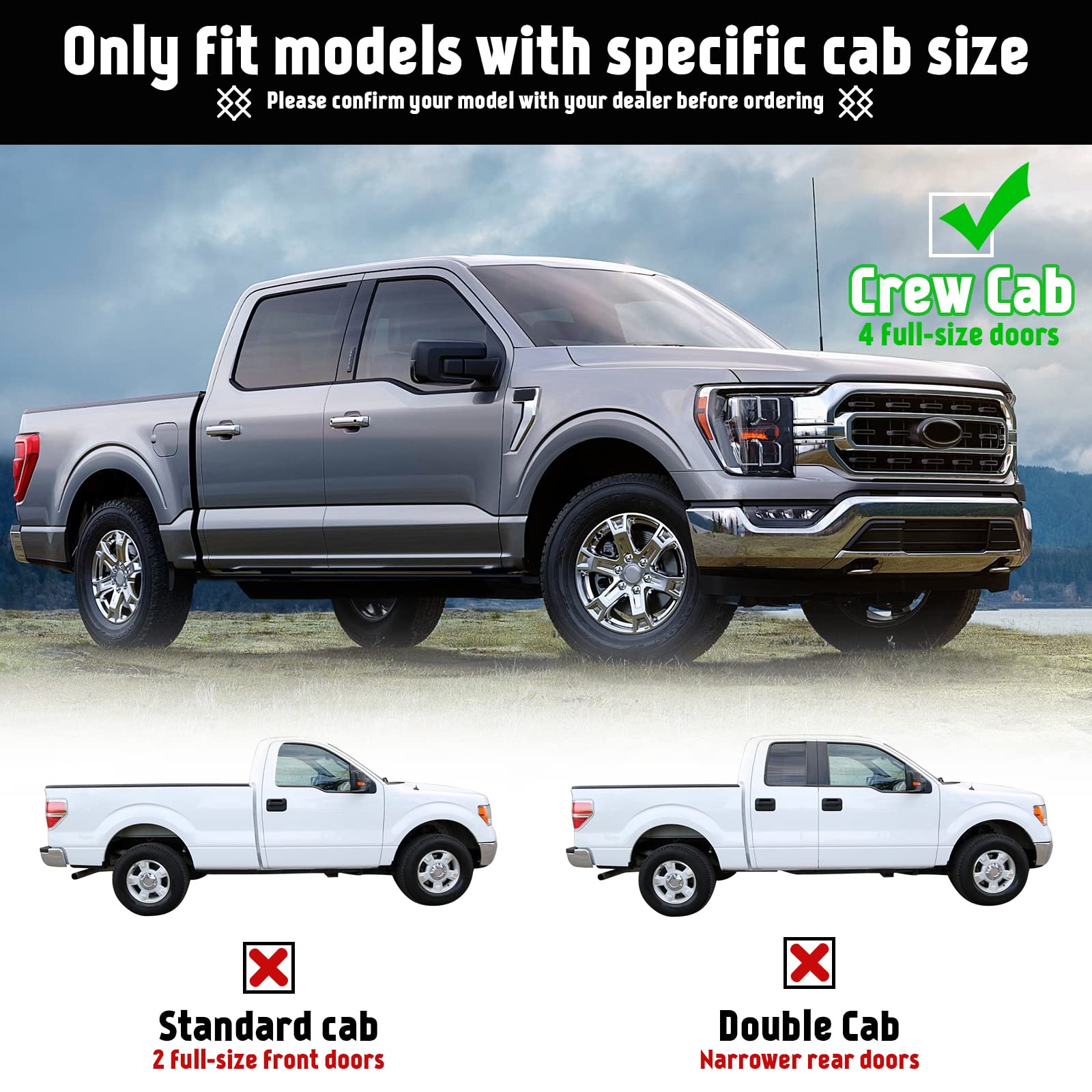 PZ 6'' Running Boards for 2015-2024 Ford F-150 SuperCrew Cab 4-Door 2017-2024 Ford F250 F350 Super Duty Crew Cab Mirror Stainles