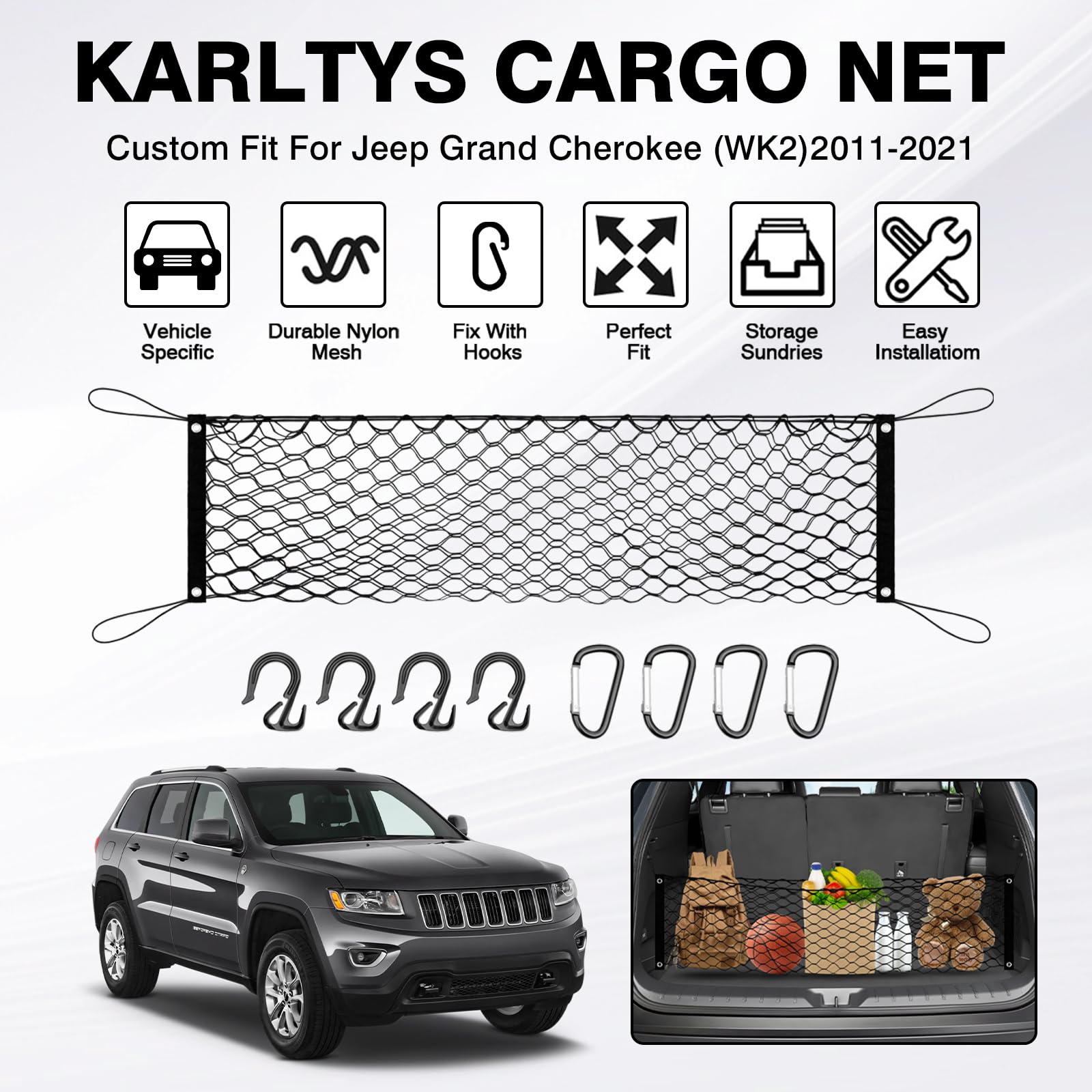 Karltys Envelope Style Cargo Net For 2011-2020 2021 Jeep Grand Cherokee, Elastic Rear Trunk Mesh Cargo Net For Grand Cherokee He