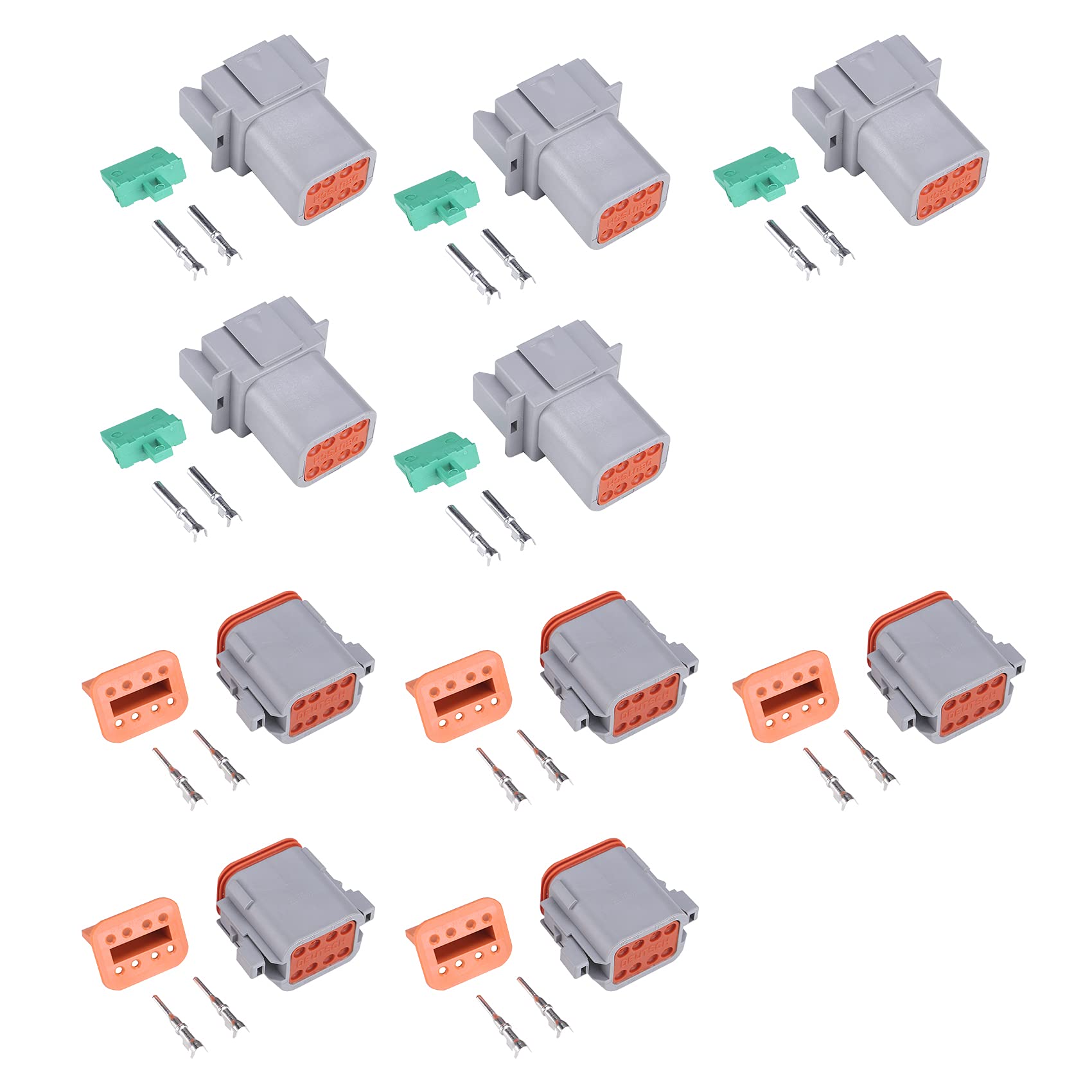 Muyi 5 Kit 8 Pin Way Dt Series Connector Gray Receptacle Ip67 Waterproof Heavy Duty 14-18 Awg 13 Amps Continuous Dt04-8P Dt06-8S