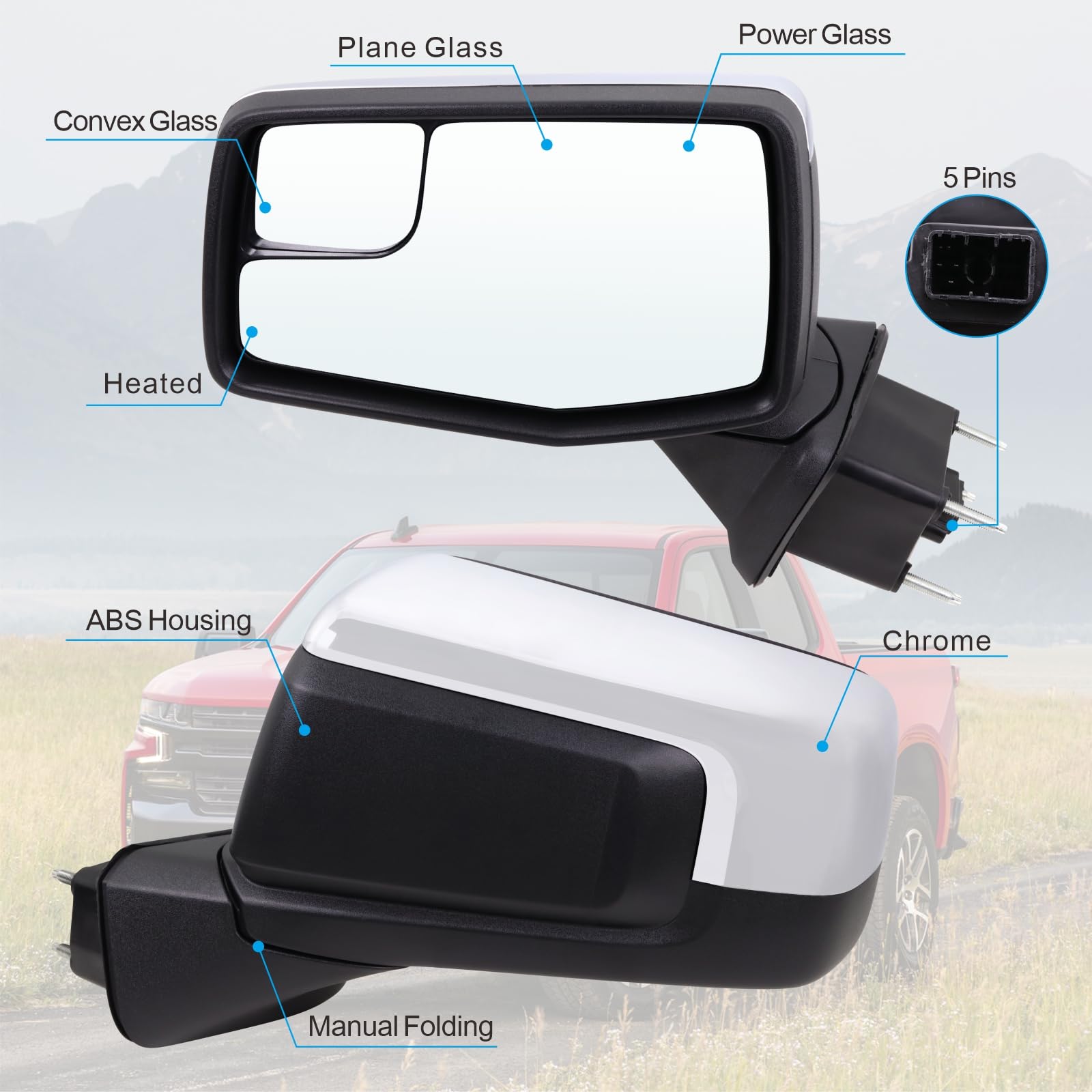 Lqito Left Driver Side Mirror Compatible With 2019-2025 Chevy Silverado 1500 With Power Glass Manual Folding Heated Without Turn