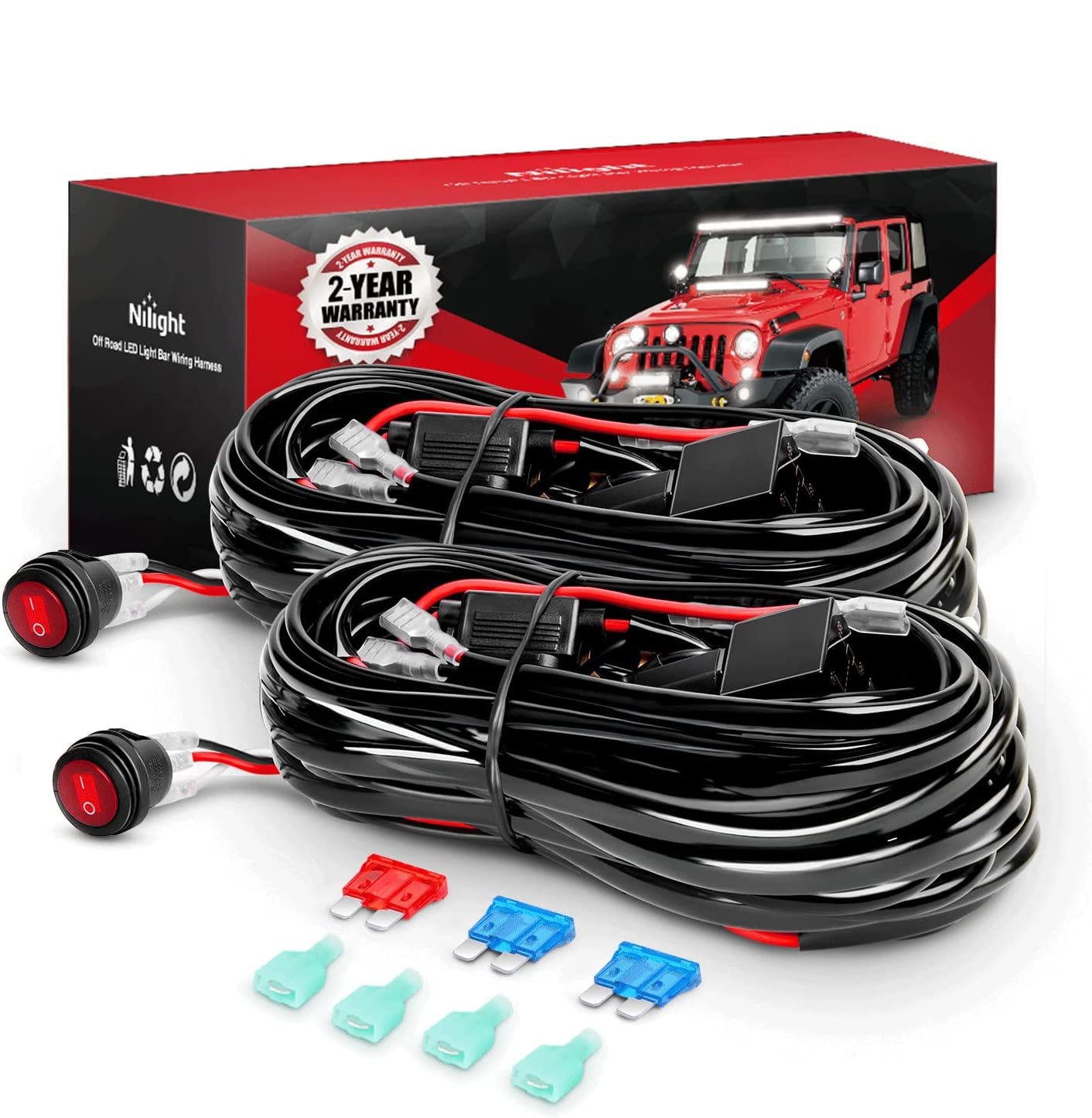 Nilight 2Pcs 16Awg Led Light Bar Wiring Harness Kit - 2 Leads 12V On Off Switch Power Relay Blade Fuse For Off Road Lights Led W