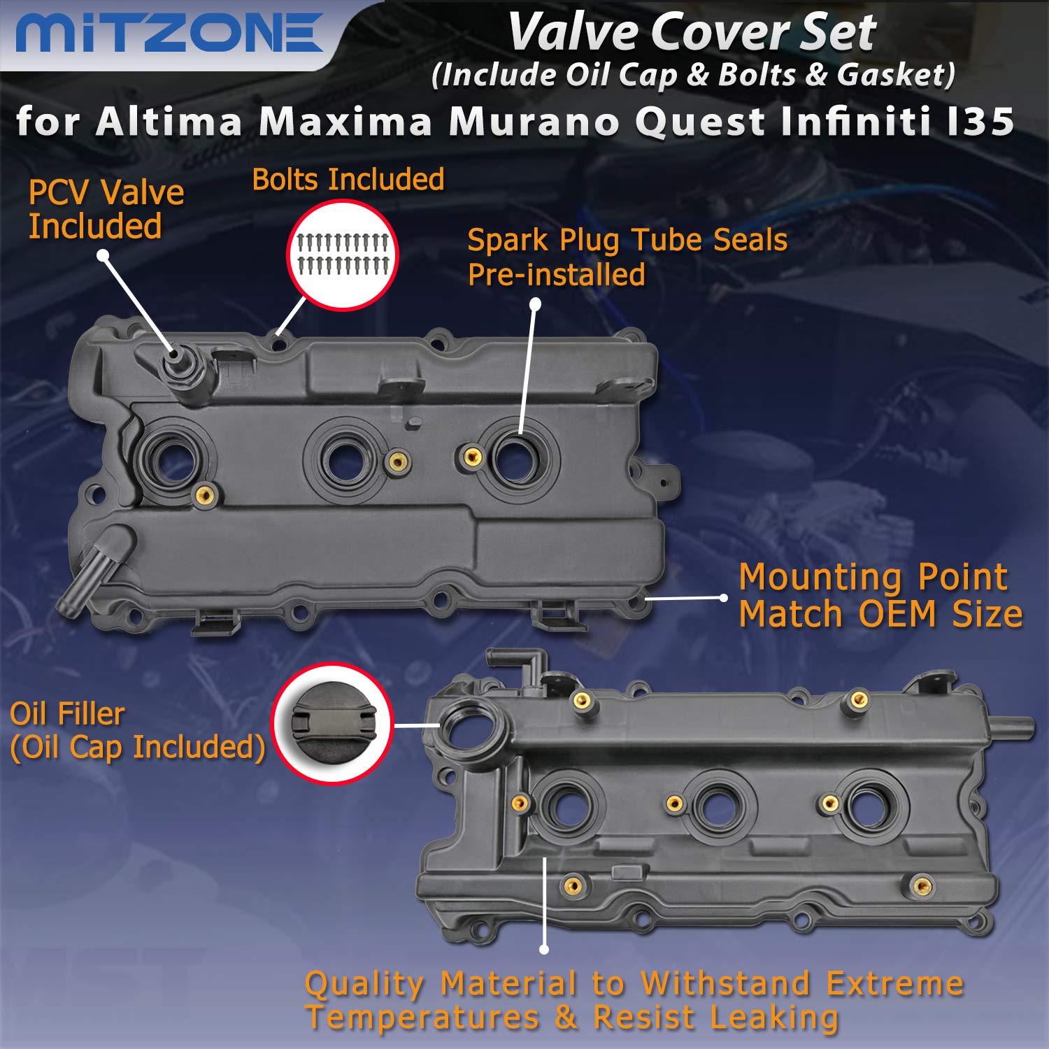 Engine Valve Cover Set With Bolts & Oil Cap & Gaskets & Spark Plug Tube Seals & Pcv Valve Compatible With 2002-2007 Nissan Altima Maxima Murano Quest Infiniti I35 Vq35De V6 3.5L Part# 264-984 265-985