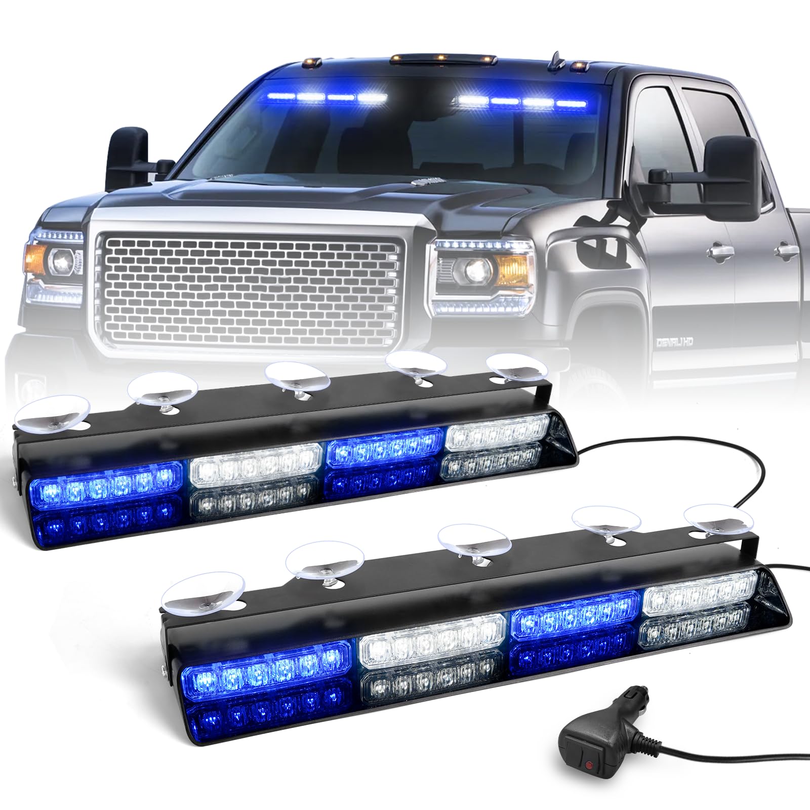 Hlauto 6Z4J Emergency Dash Strobe Lights: 2X16.8 Inch Blue White Safety Lights, 48 Led Flashing Warning Hazard Interior Windshie