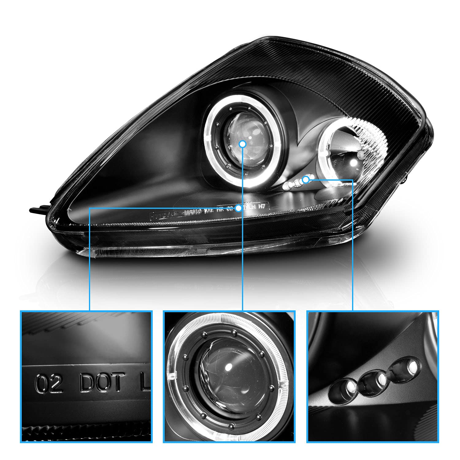Amerilite Black Led Dual Halo Projector Replacement Headlights Set For 00-05 Mitsubihi Eclipse - Passenger And Driver Side