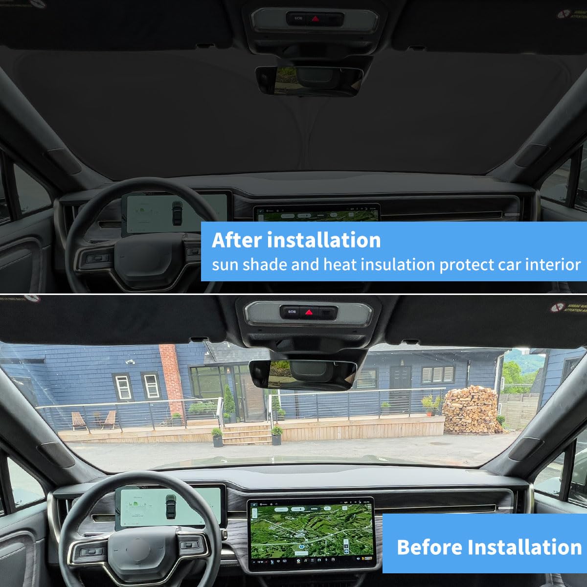 Hohuigo Windshield Sun Shade For 2025 2024 2023 2022 Rivian R1S Custom Fit Window Sunshade Suv Accessories Fodable Sun Visor Uv