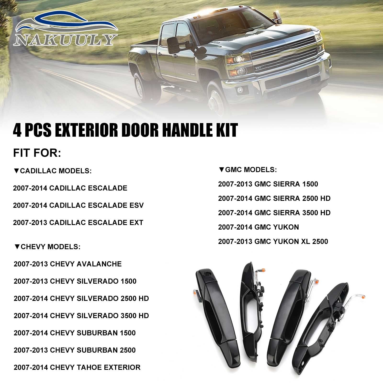 Exterior Black Outside Door Handle 4Pcs Front Rear Driver & Passenger Fits 2007-2014 Cadillac Escalade Chevy Avalanche Silverado Suburban Gmc Sierra Yukon Replace 20828258 22738721 25960525 22738722