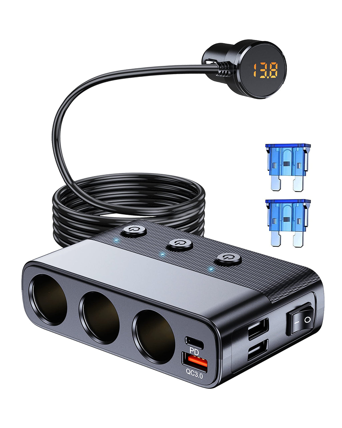 LIHAN Cigarette Lighter Splitter,3 Socket Car Charger Adapter, Type-C QC3.0 PD 30W Charging, Dual USB Charging Ports, Independen