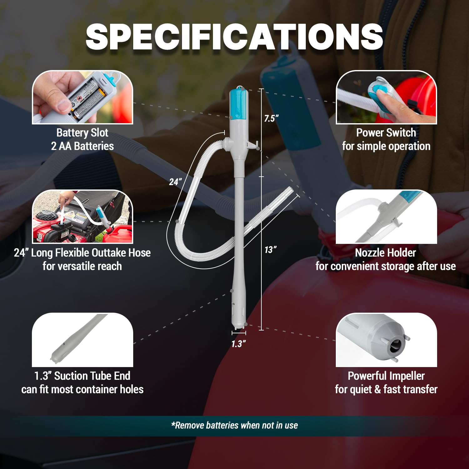 TERA PUMP Automatic Portable Battery Operated Water/Fuel Transfer Pump, Powerful Hand Fuel Pump Fits All Size Jugs w/ 1.2 Inta
