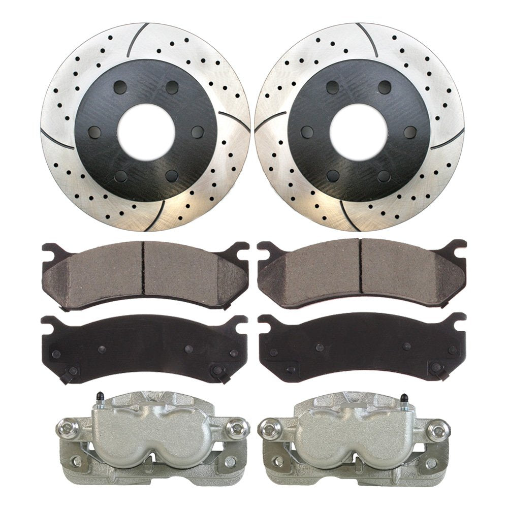 Autoshack Front Drilled And Slotted Brake Rotors Calipers And Ceramic Pads Replacement For Chevrolet Express 1500 Tahoe Silverado 1500 Classic Gmc Savana 1500 Yukon Sierra 1500 Classic Rwd Brkpkg0849