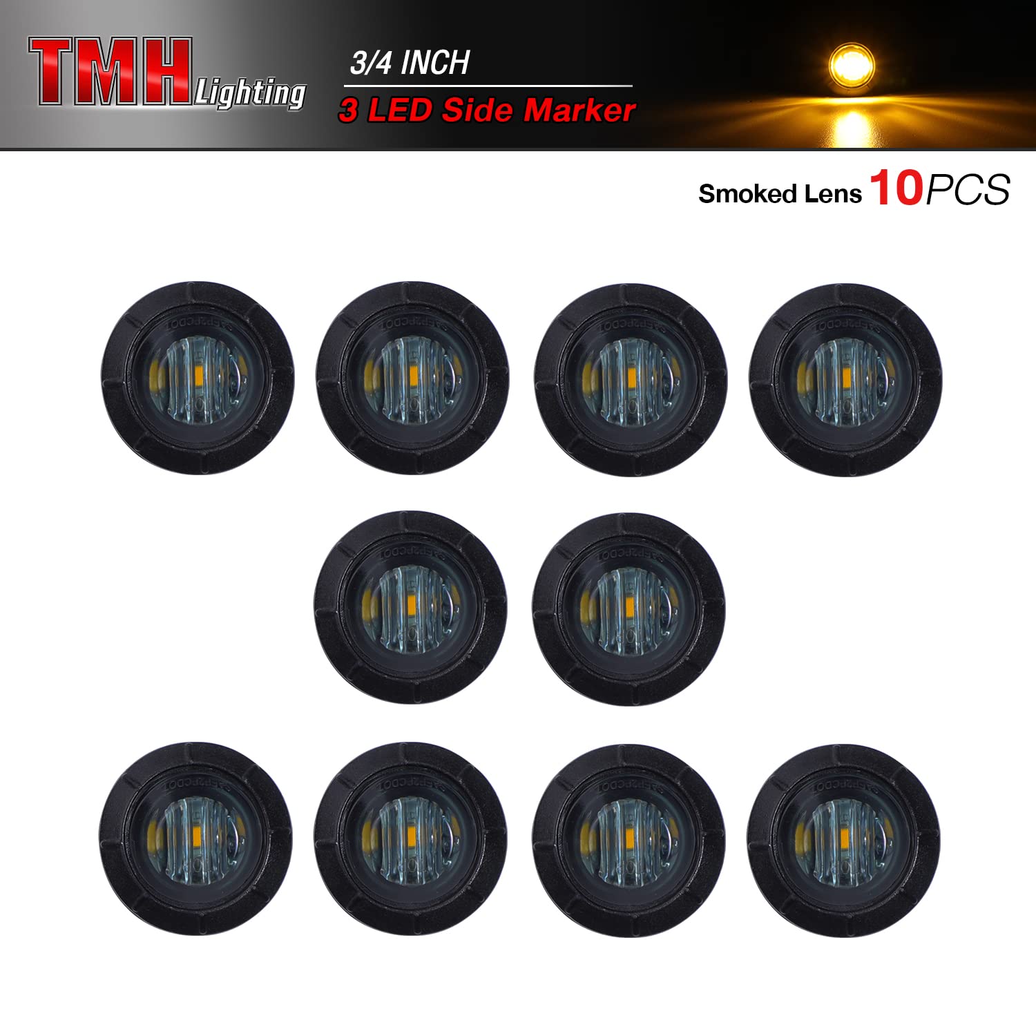 Tmh 10 Pcs 3/4 Inch Smoked Lens Amber 3 Led Mini Round Miniature Side Marker Indicator Lights With Rubber Suitable For Trailer P