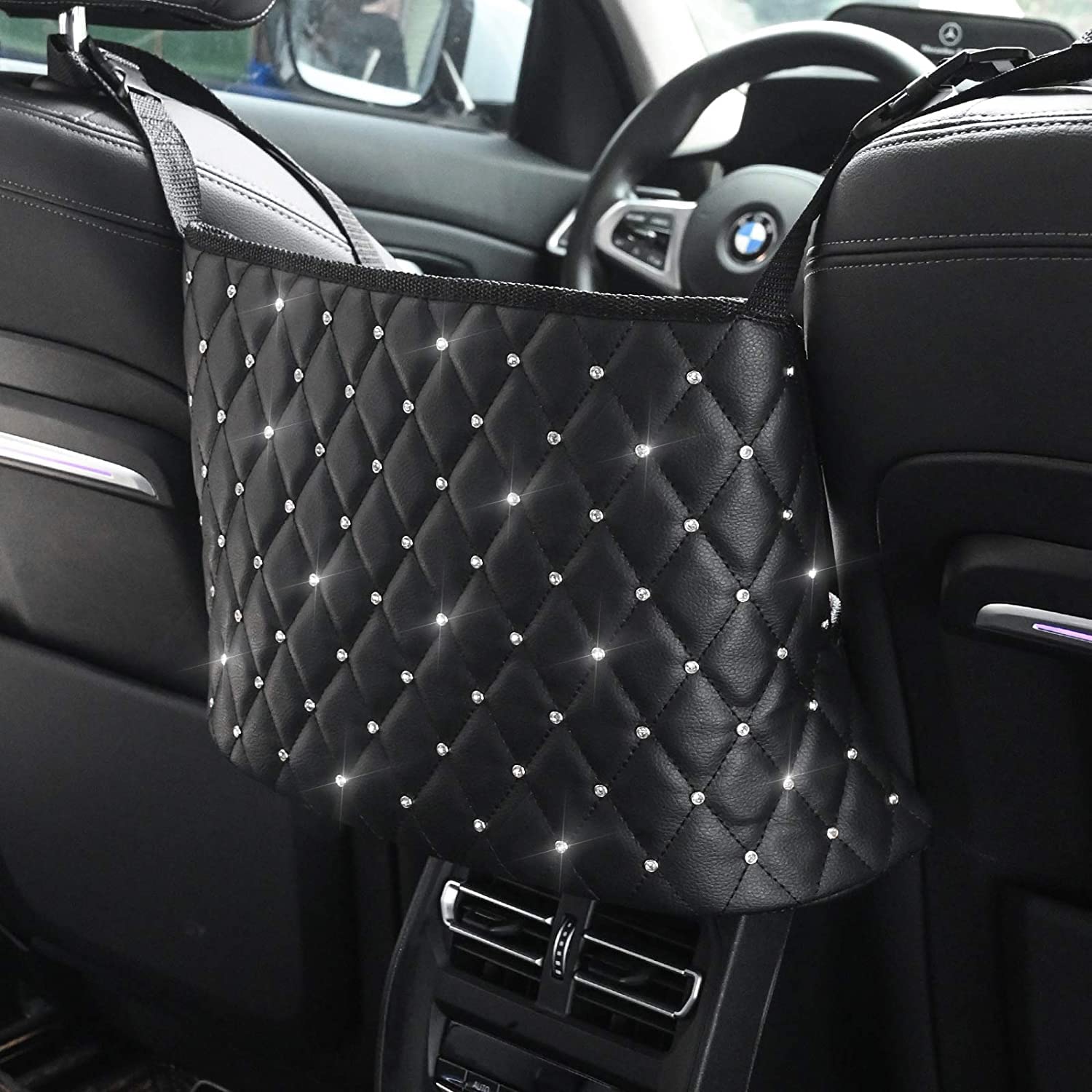 Maylai Purse Holder For Car Durable Pu Leather Car Net Pocket Car Seat Storage Net Handbag Driver Storage Netting Pouch Seat Back Net Bag Backseat Pet Kids Barrier (Black With Diamond)