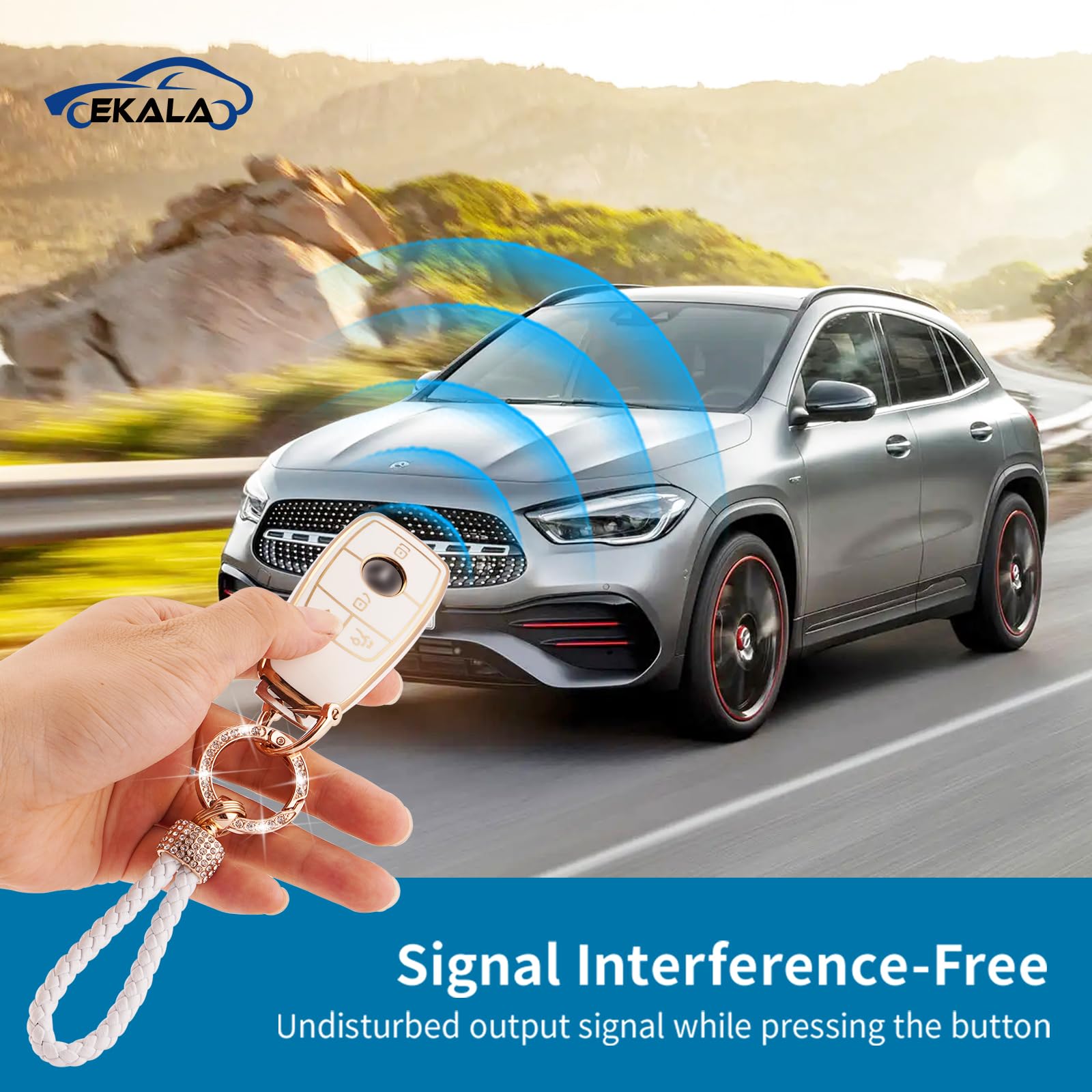 Ekala For Mercedes Benz Key Fob Cover, 4 Buttons Soft Tpu Key Case Protector With Bling Keychain Fit For Mercedes Benz A B C E G S Class Sl Slc Cls Cla Glb Glc Gle Gls Amg Smart Key Fob Case (Bz-4L)