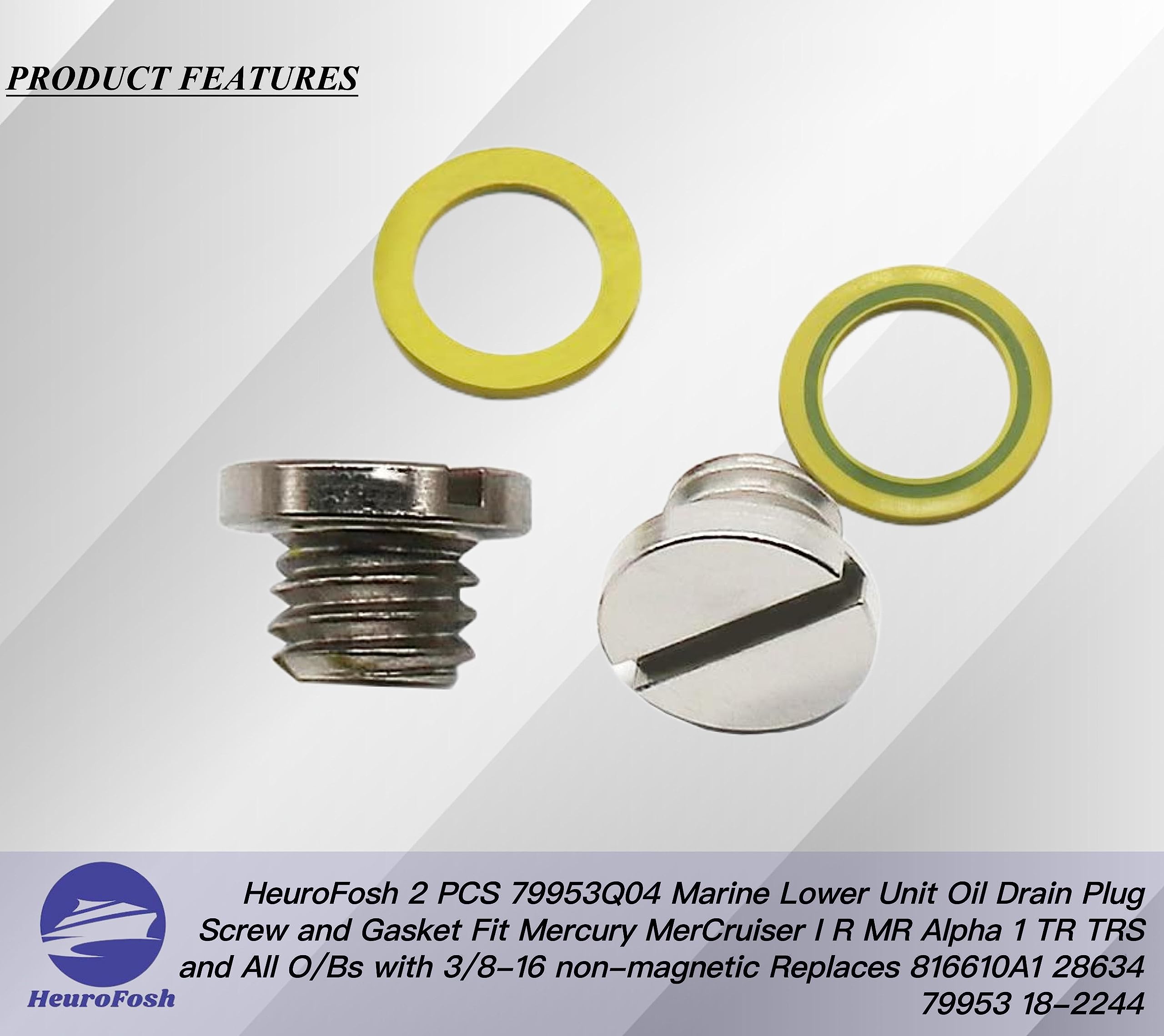 Heurofosh 2 Pcs 79953Q04 Marine Lower Unit Oil Drain Plug Screw And Gasket Fit Mercury Mercruiser I R Mr Alpha 1 Tr Trs And All O/Bs With 3/8-16 Non-Magnetic Replaces 816610A1 28634 79953 18-2244