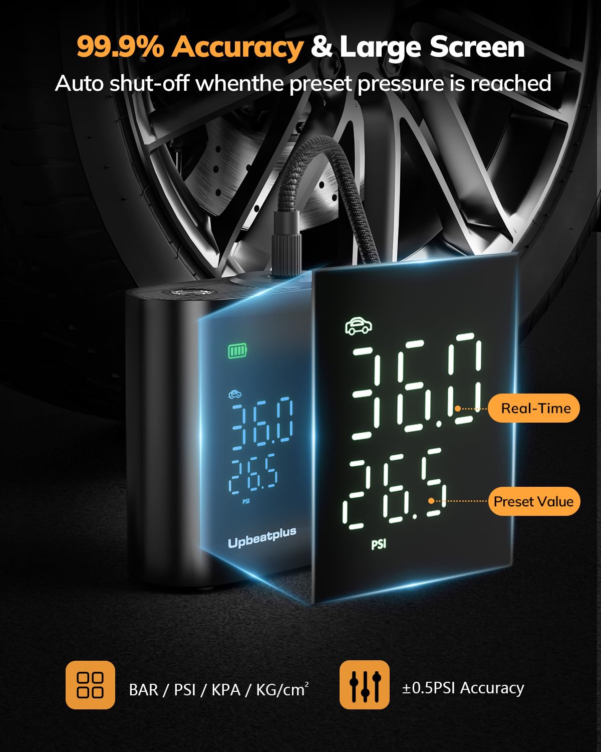 Upbeatplus T1 Portable Tire Inflator With 160 Psi, 4X Faster Air Pump, Wireless Car Tire Inflator With Pressure Gauge, Suitable