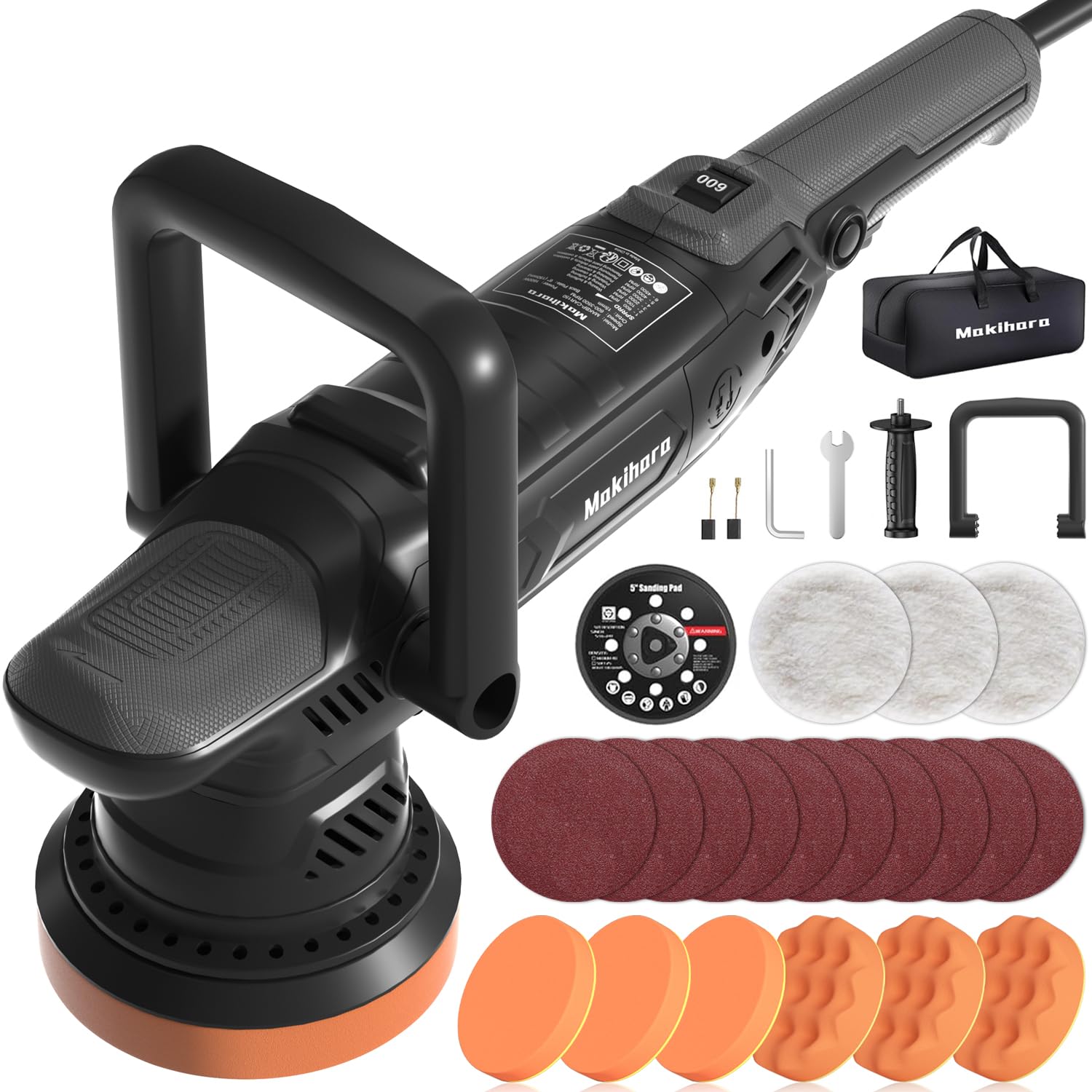 Car Buffer Polisher, 5 Inch Random Orbital Car Polisher, 1600W 6 Variable Speed 600-3600 RPM, 26Pcs Attachments, Polisher for Ca