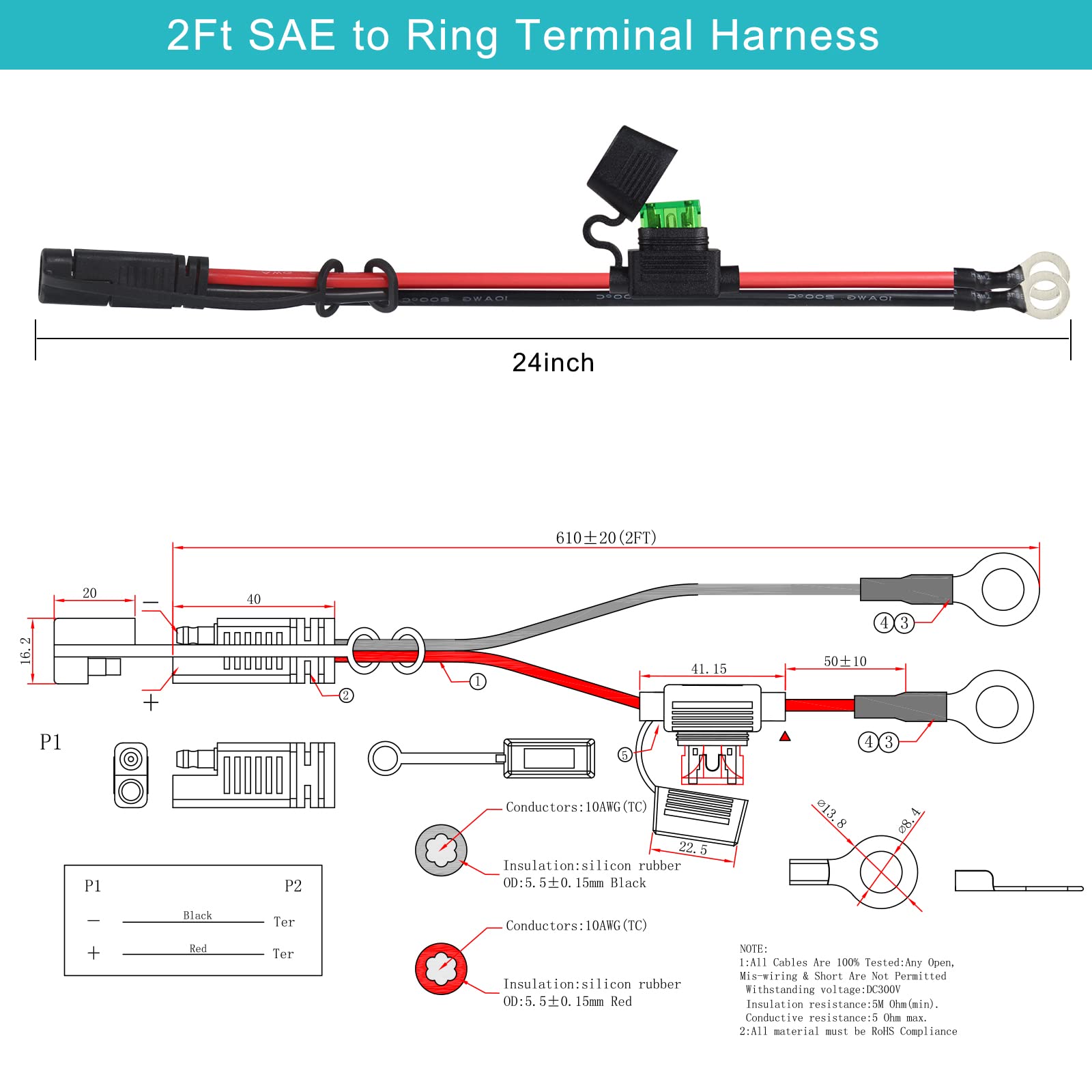 [5 Pack] 2Ft Sae To O Ring Terminal Harness 10Awg - Eyelet O-Ring Terminal 10Gauge Harness With 30A Fuse,Battery Trickle Charger