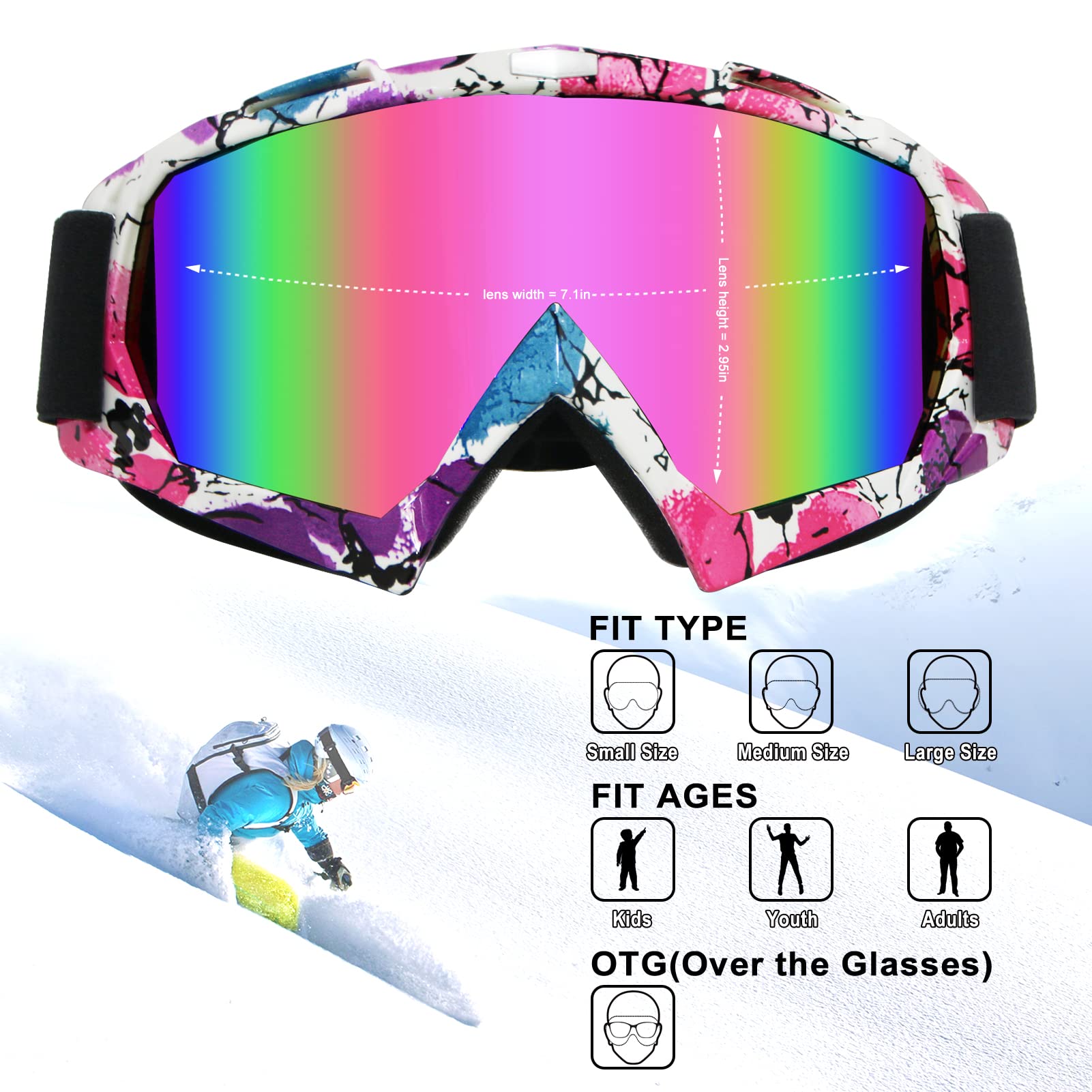 Zukmi Atv Motocross Dirt Bike Motorcycle Goggles Mx Off Road For Men Women Adult Youth Riding Racing (Flower Frame + Pink Lens)