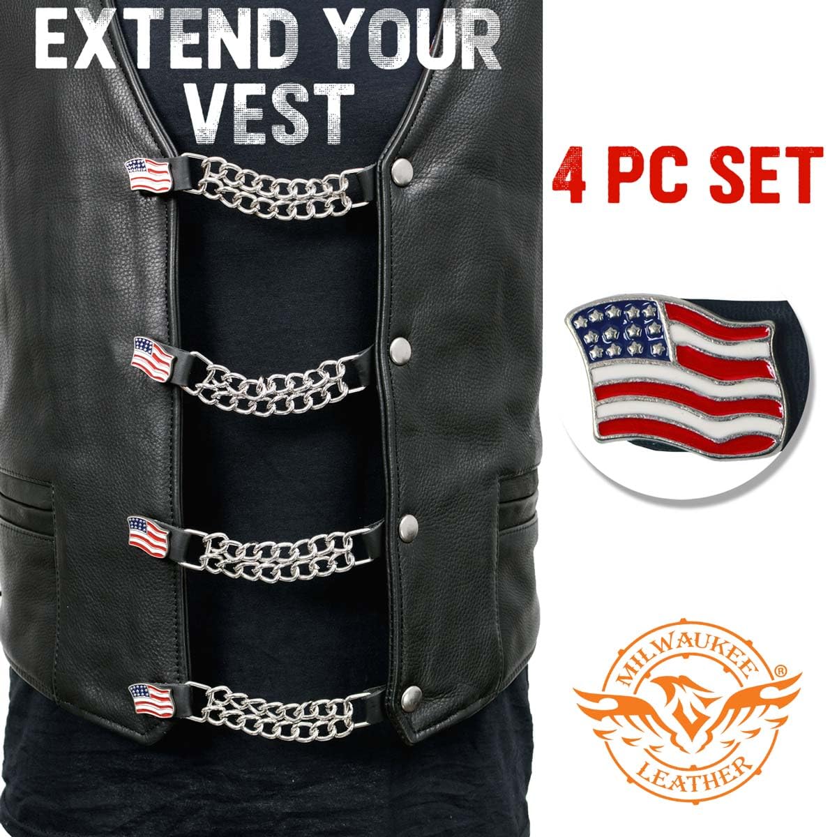 Milwaukee Leather American Flag Vest Extender - Double Chrome Chains Genuine Leather 6.5 Extension 4-PCS MLA6008SET - 4 Inch