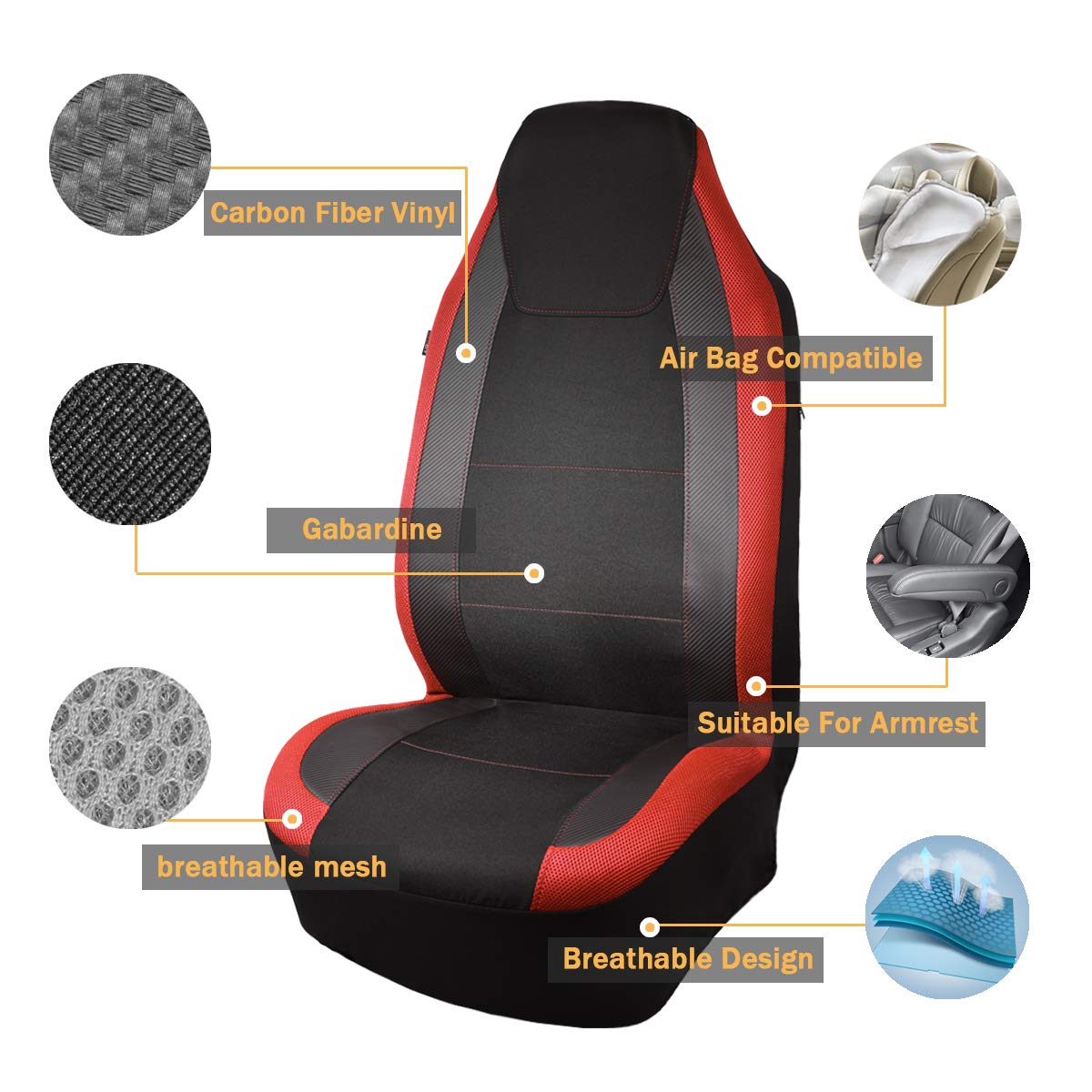 Flying Banner Car Seat Covers Quality Carbon Fiber Faux Leather Mesh Fabric Sport Low High Back Bucket Back Pocket Arm Rest Car Suv Truck Pick Up (2 Fronts - High Bucket, Red)