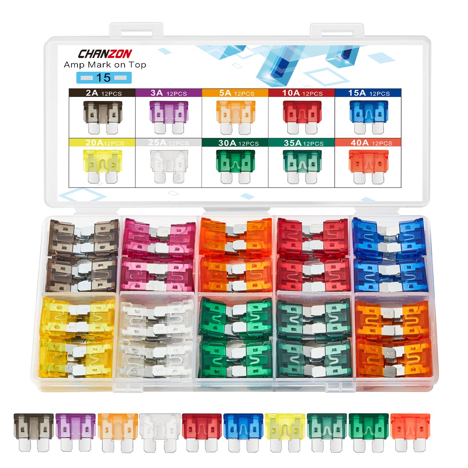 Chanzon 120 Pack Ul Listed Standard Blade Fuse Assortment Kit Atc Ato Apr 10 Values 12 Each:2A,3A,5A,10A,15A,20A,25A,30 Amp,35A,