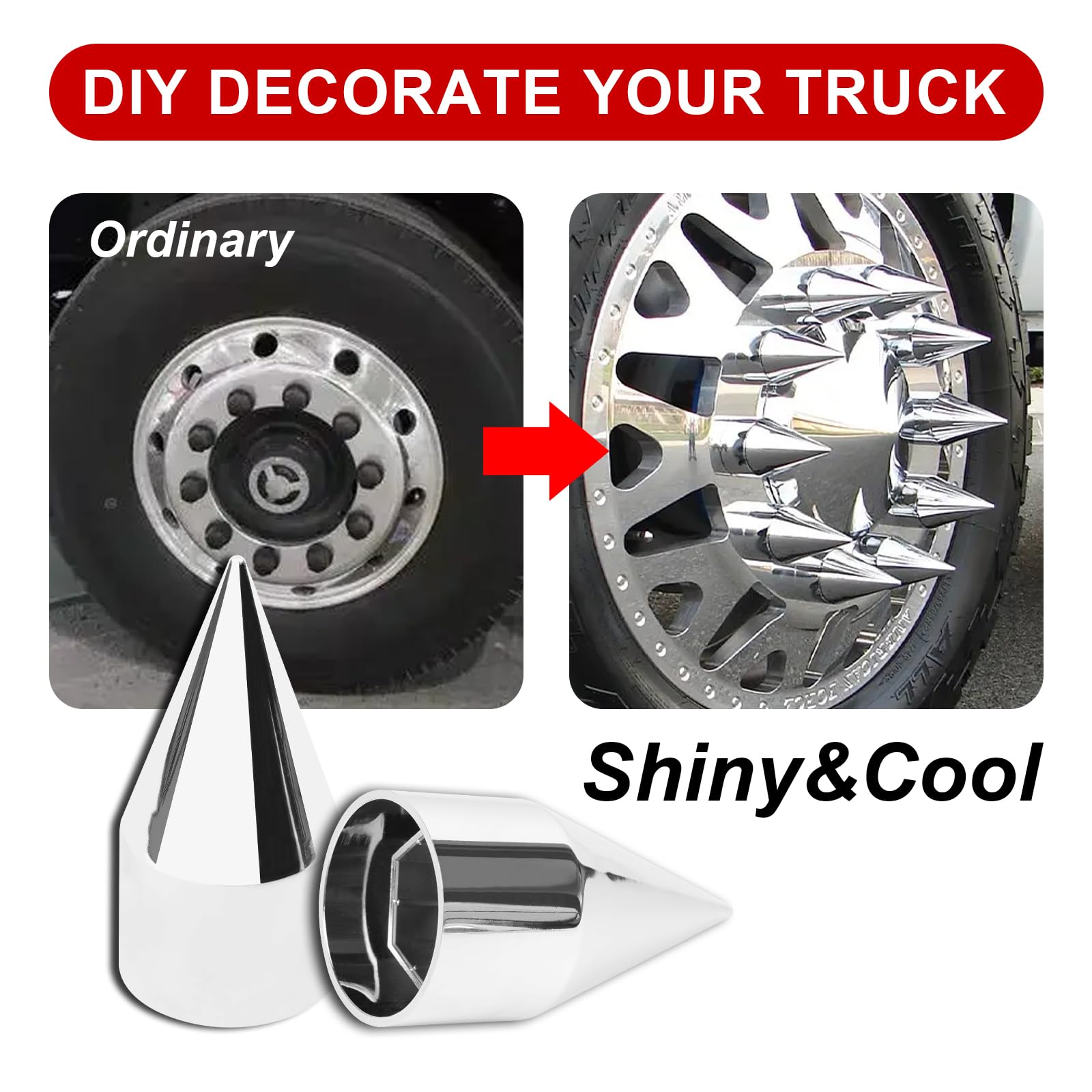 Cabtherlyn 33mm x 4 1/4'' Chromed Spike Lug Nuts Covers Push on,ABS Chrome Plastic Caps Pointed Push-on Lug Nut Cover for Semi T