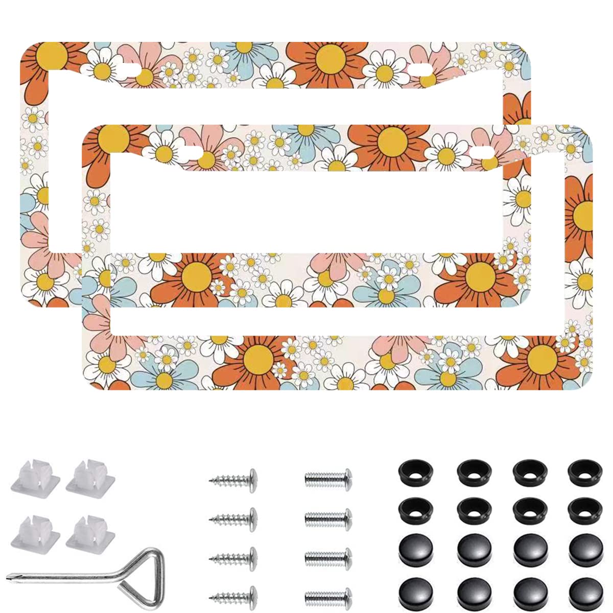 2Pcs 7 Color Flowers License Plate Frames Cover Holders Stainless Steel Boho Pattern License Plate Cover With Screw Caps Cover A