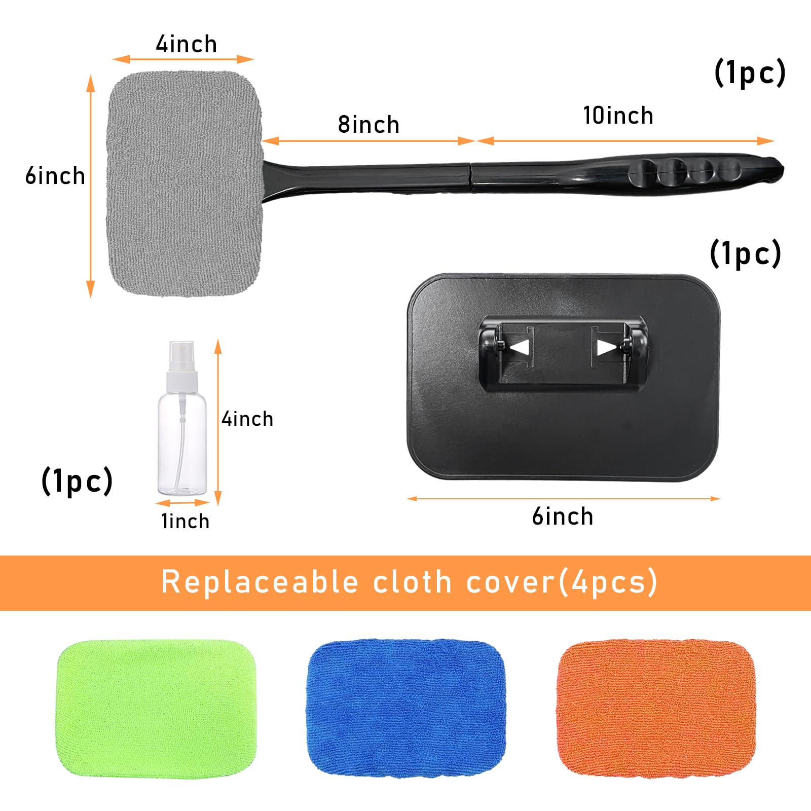 Ohleats Car Windshield Cleaning Tool, Microfiber Window Cleaner with 4 Washable and Reusable Cloth Pad & Long Handle, Auto Glass