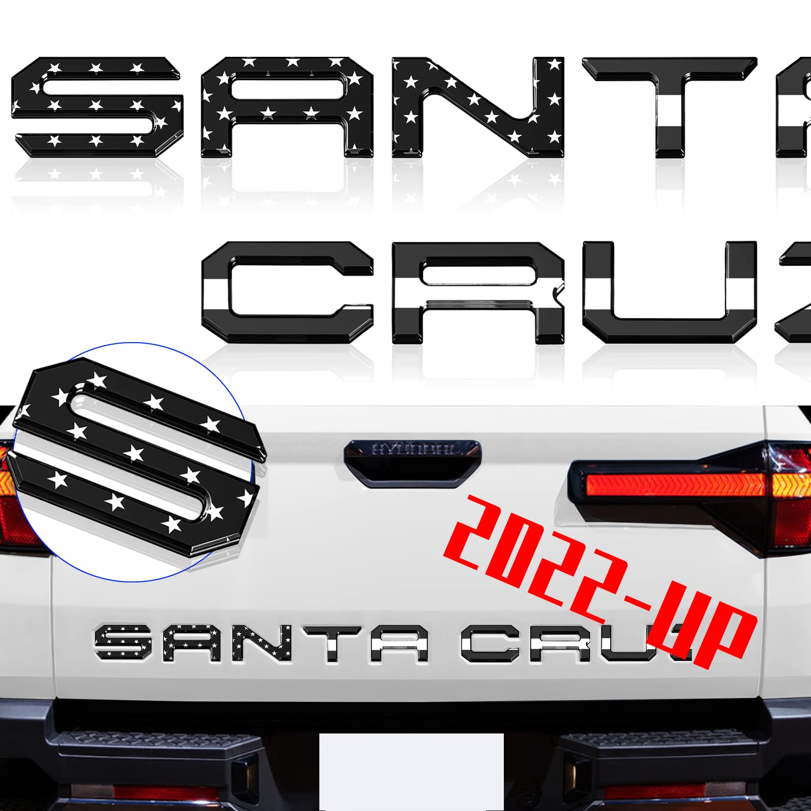 Tailgate Insert Letters Compatible for 2022 2023 Santa Cruz 3M Adhesive & 3D Raised Tailgate Decal Letters (Black American Flag)
