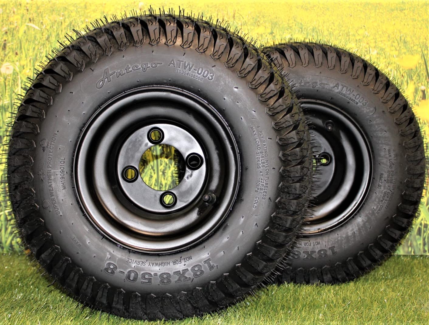 Antego Tire & Wheel 8 Matte Black Steel Golf Cart Wheels And 18X8.50-8 Turf 4 Ply Tires - Set Of 4