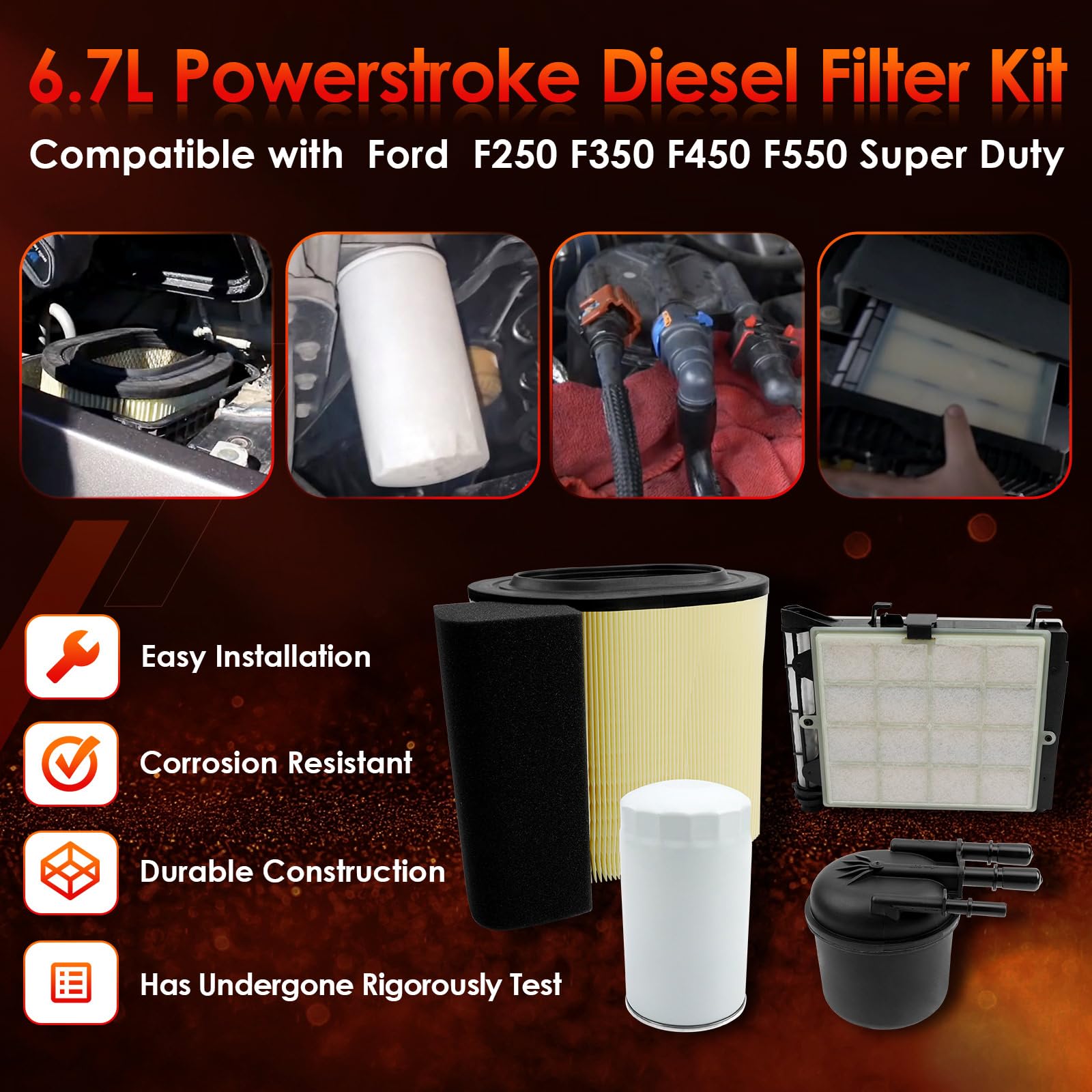 6.7L Powerstroke Diesel Filter Kit, Air Filter, Fuel Filter Element & Oil Filter, Compatible With 2017-2019 Ford F-250, F-350, F
