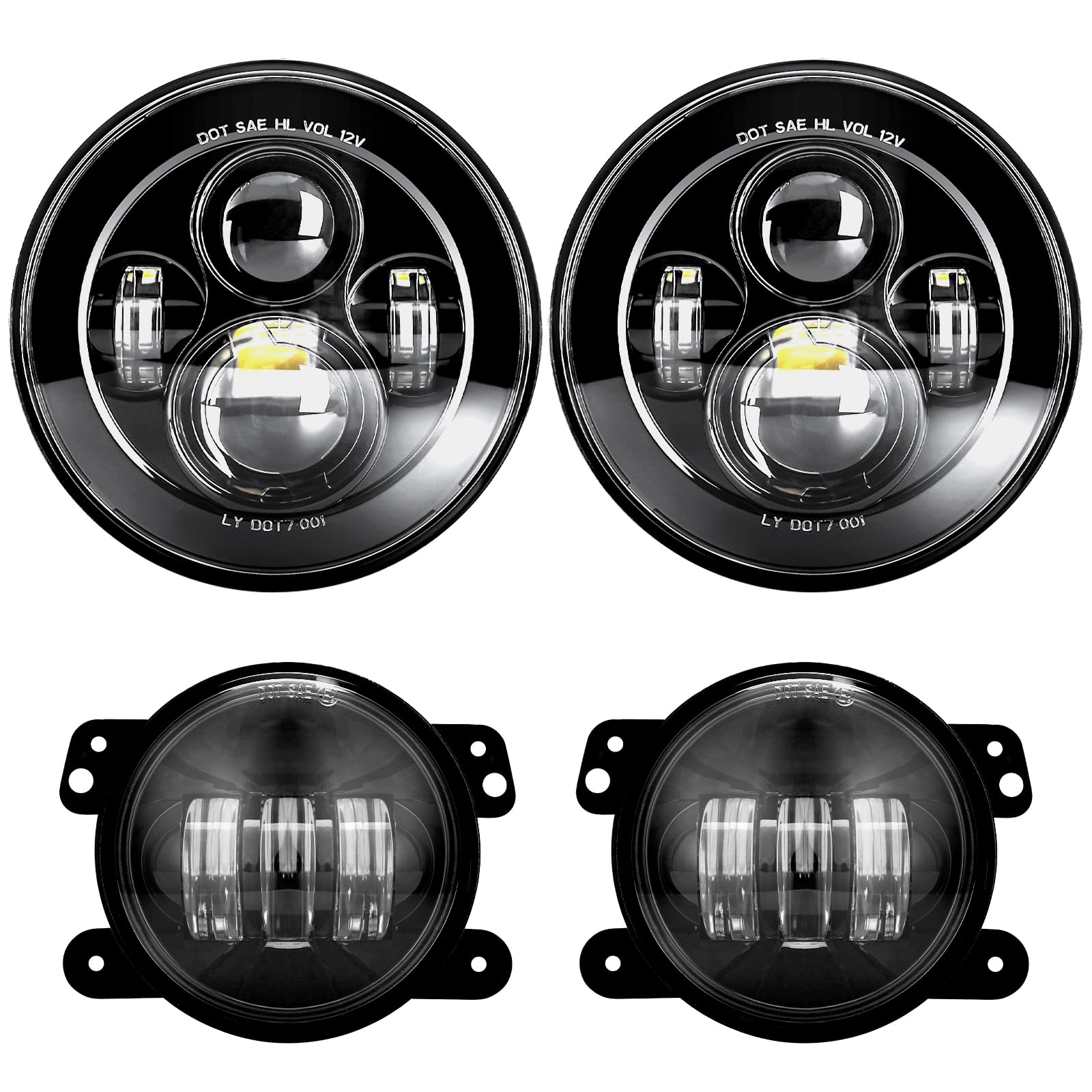 Lx-Light Dot Approved 7'' Black Led Headlights + 4 '' Led Fog Lights Compatible With Jeep Wrangler 97-2017 Jk Tj Lj