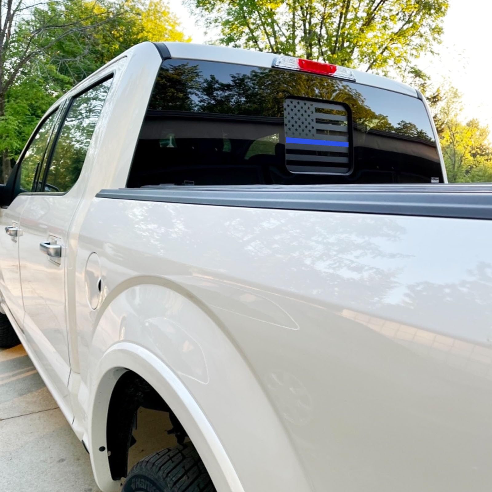 Zxiaochun Rear Middle Window American Flag Decal For Ford F150 F250 F350 2015-2022 2023 2024 Back Center Sliding Window Glass Usa Flag Vinyl Sticker (Thin Blue Line)