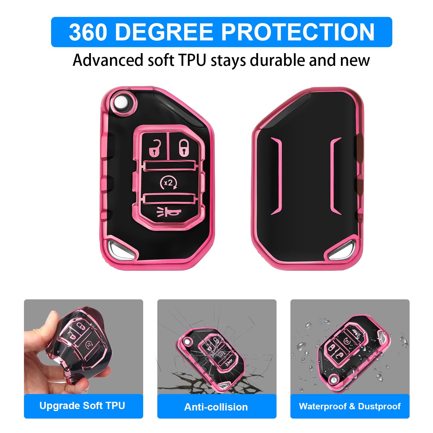 QBUC for Jeep Key Fob Cover with Keychain Compatible with Jeep Wrangler JLU JL Gladiator Rubicon JT Car Flip Key (pink)