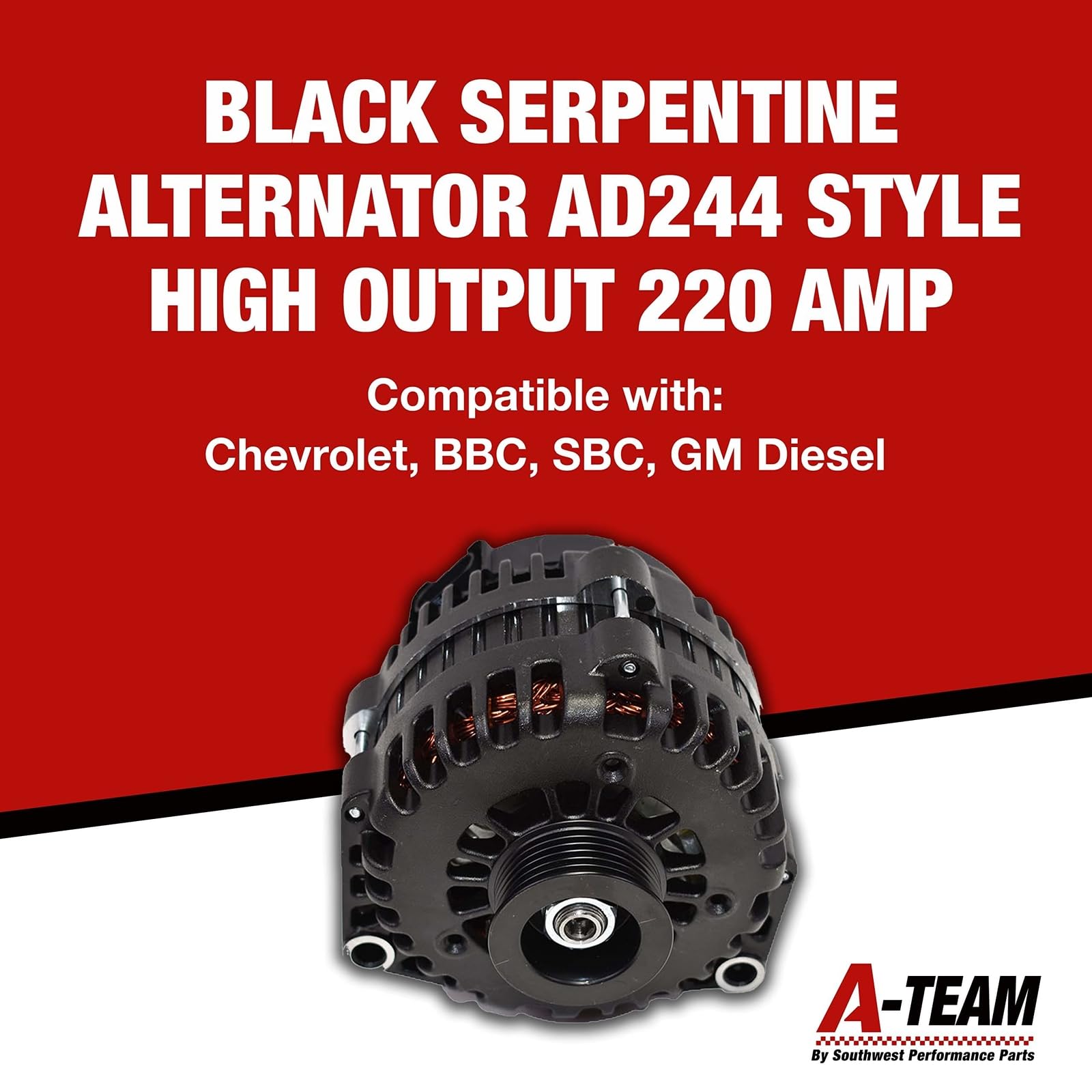 A-Team Performance - GM AD244 Style High Output 220 Amp Alternator Black - Compatible with Chevrolet BBC SBC GM Diesel