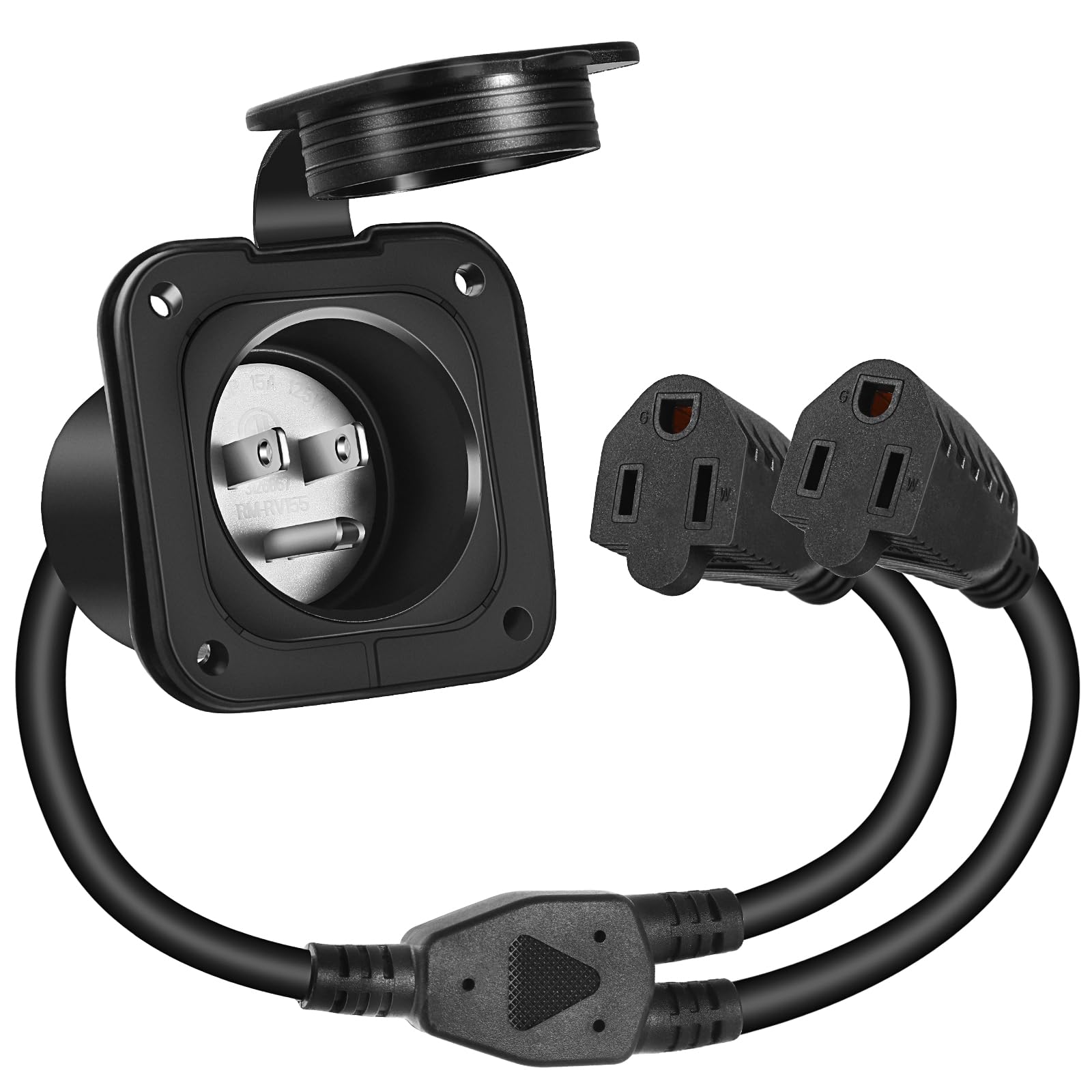 jindouyun 15 Amp 125 Volt AC Power Inlet, with Dual-Plug 18-Inch Extension Cord, 2 Pole 3 Wire NEMA 5-15 Flanged Inlet Plug with