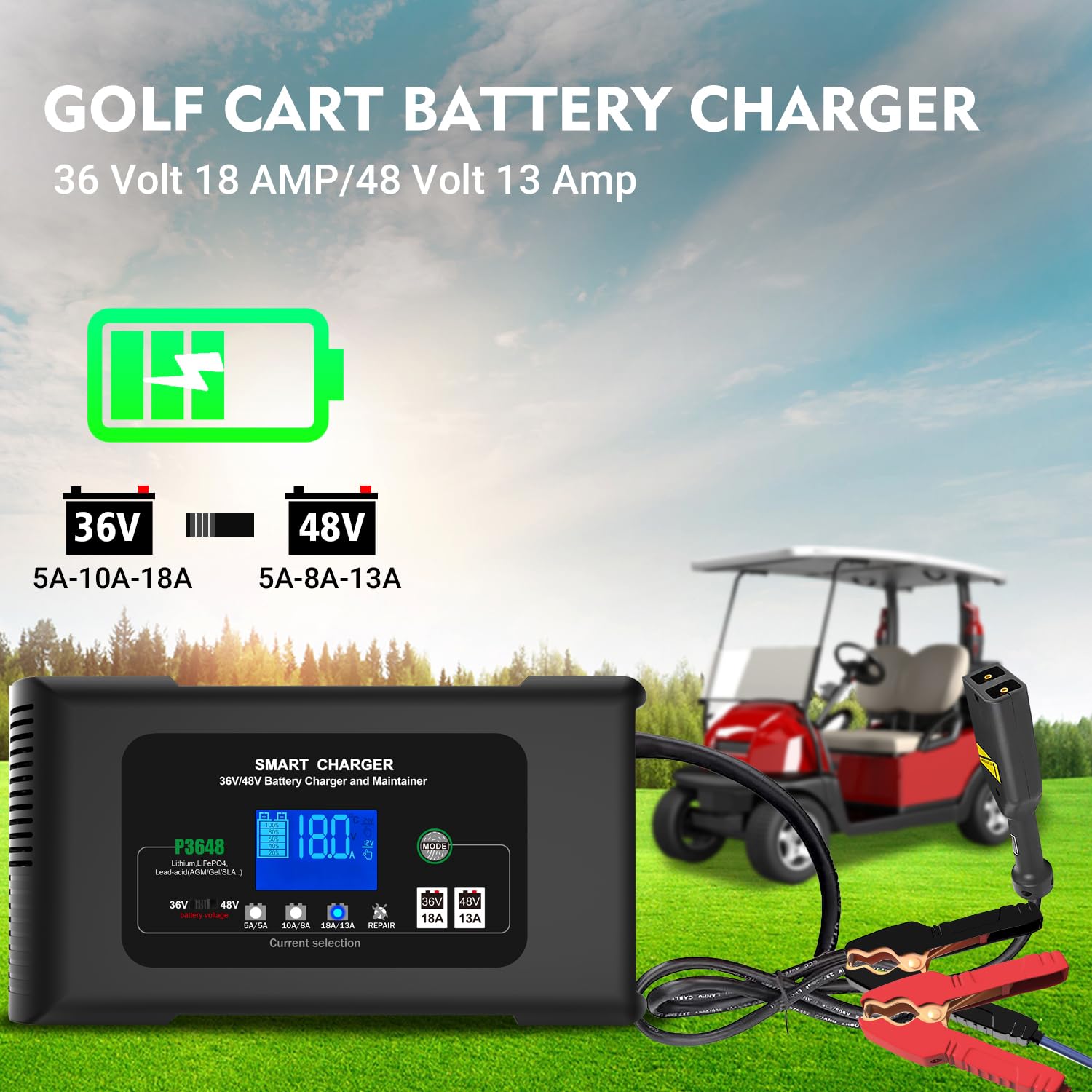 YHCHKJ 36V 18A & 48V 13A Golf Cart Battery Charger, D Style Plug, for EZGO TXT, Lithium, LiFePO4, Lead-Acid