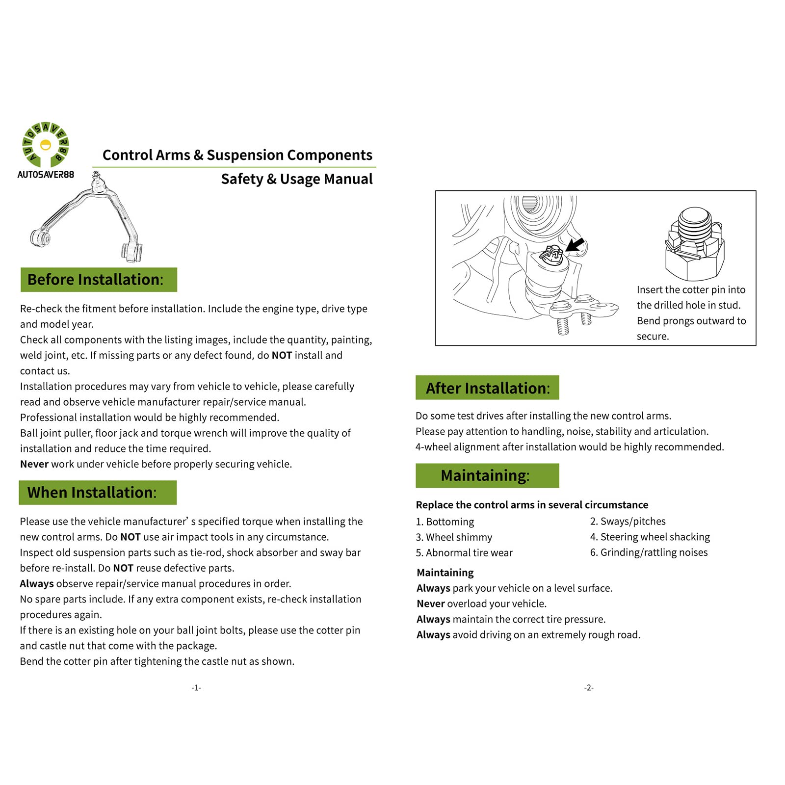 Autosaver88 Front Control Arm Kit Compatible With 2005-2010 Odyssey