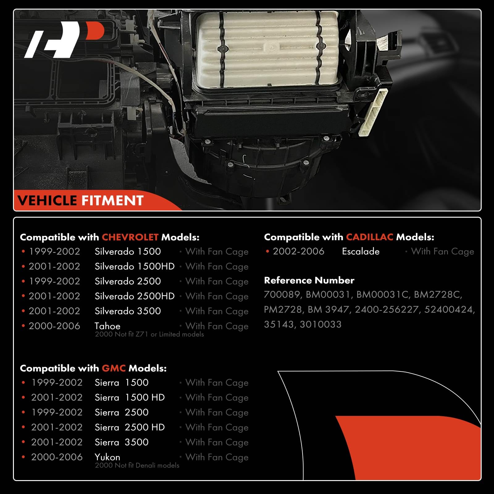 A-Premium Hvac A/C Heater Blower Motor With Fan Cage Replacement For Chevy, Gmc, Cadillac Vehicles - 1999-2002 Silverado 1500, Sierra 1500, Tahoe, Yukon, Escalade - Replace# 52400424, 89019321