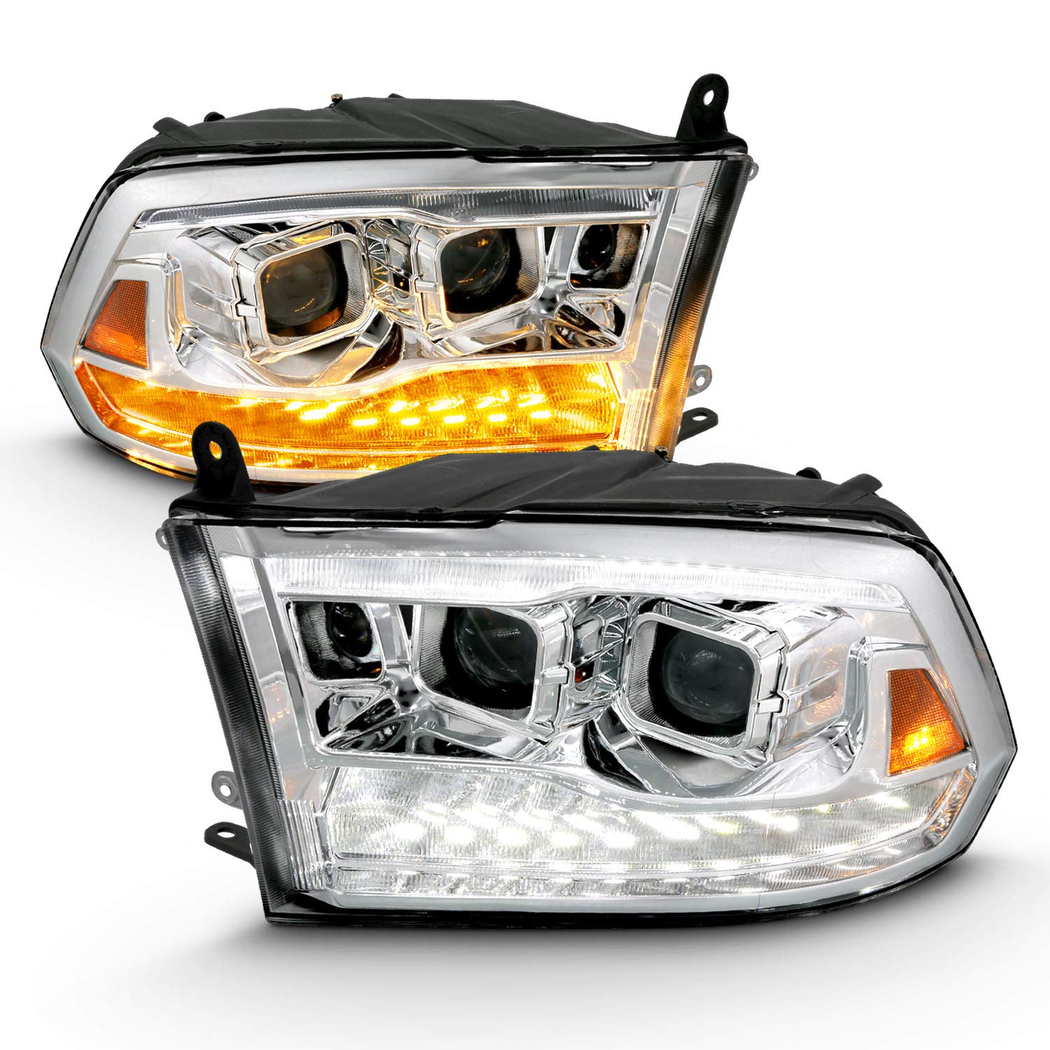 Amerilite For 2009-2018 Dodge Ram Pickup [Quad/Projector Model] Dual Square Projector Switchback Led Tube Chrome Headlights Asse
