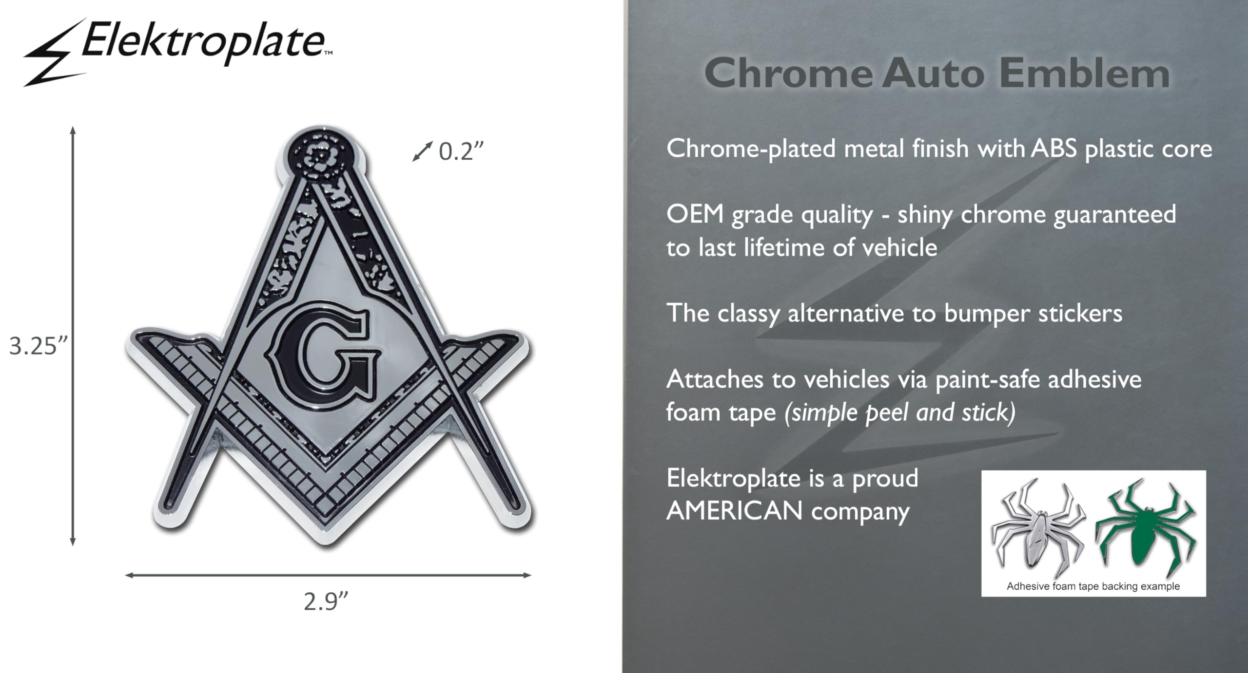 Elektroplate Officially Licensed Masonic Oem Chrome Emblem For Cars, Trucks, And All Auto | Universal Fit At 2.9 X 3.25 | Weatherproof