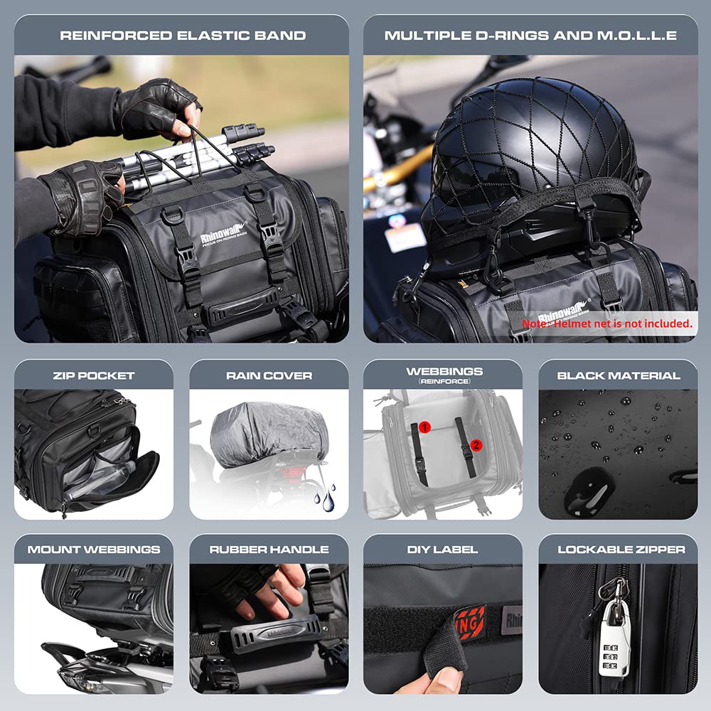 Rhinowalk Motorcycle Tail Bag Expandable Motorcycle Travel Luggage 26L Waterproof All Weather/Trunk/Rack Bag With Sissy Bar Stra