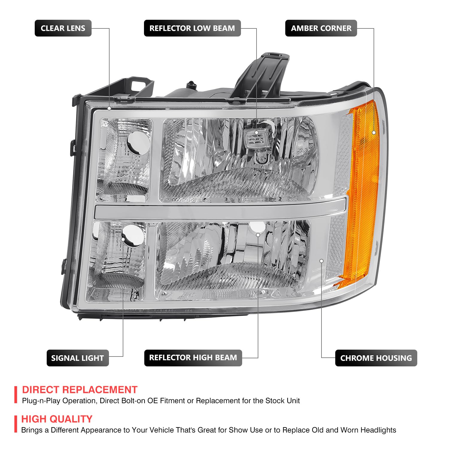 Dna Motoring Pair Oe Style Headlights Compatible With 07-13 Gmc Sierra 1500/07-14 Sierra 2500 Hd 3500 Hd, Chrome Housing/Clear L