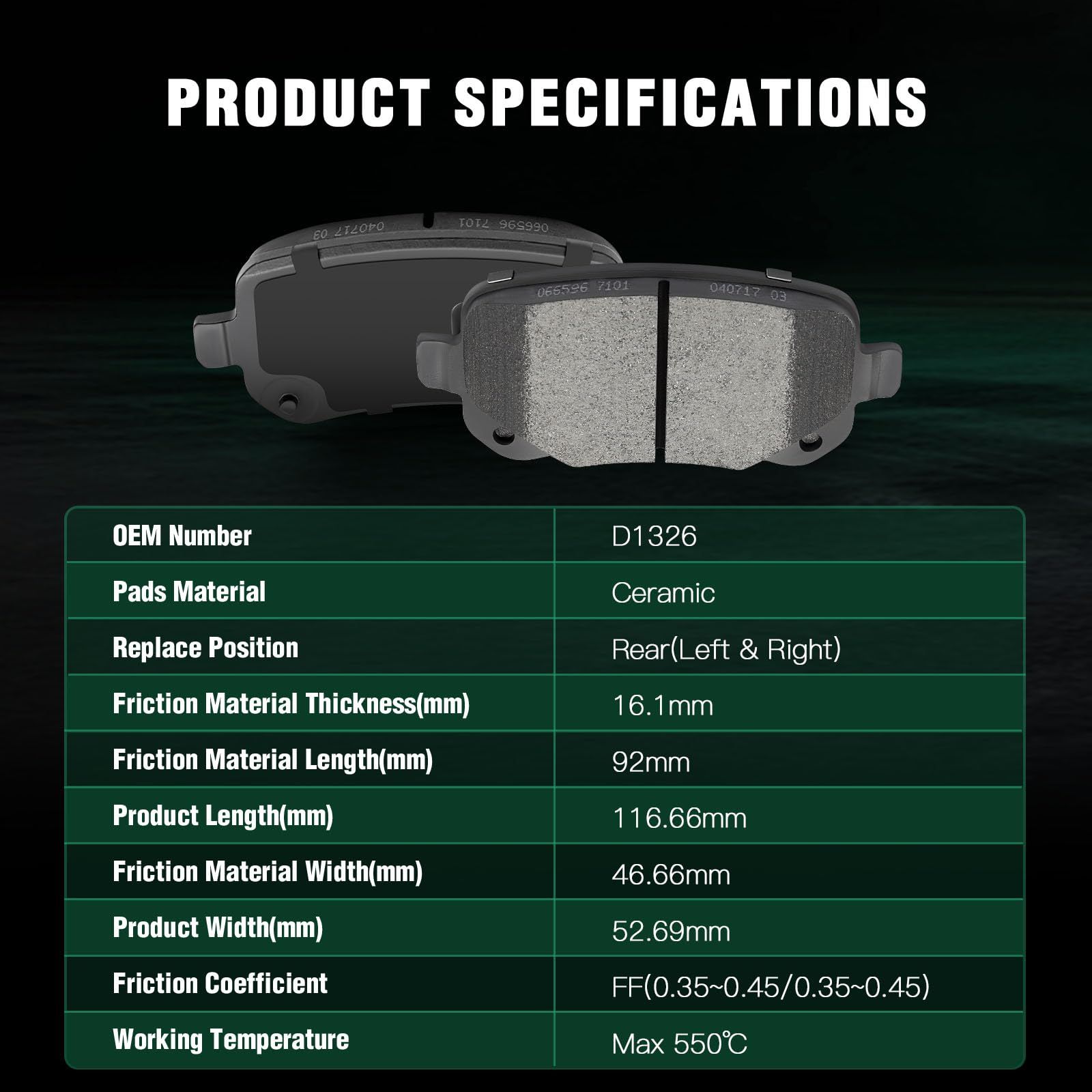 Automuto 4Pcs Rear Ceramic Disc Brake Pads Set D1326 For Chrysler Town & Country 2008-2012,For Dodge Grand Caravan 2008-2012,For