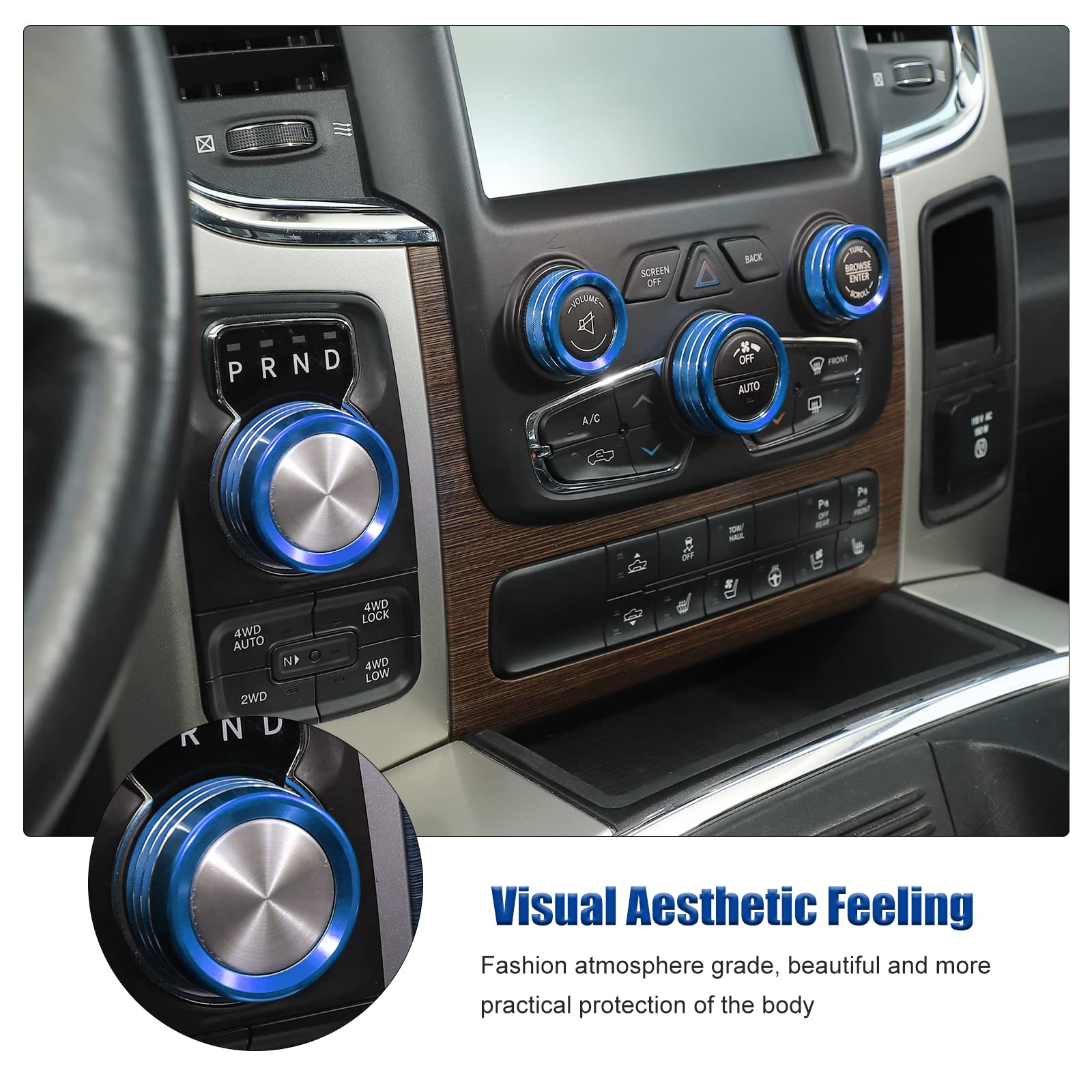 Voodonala for Dodge RAM Air Conditioner Headlight Switch CD Knob Trim for 2013-2017 Dodge RAM Aluminum 5pcs Blue