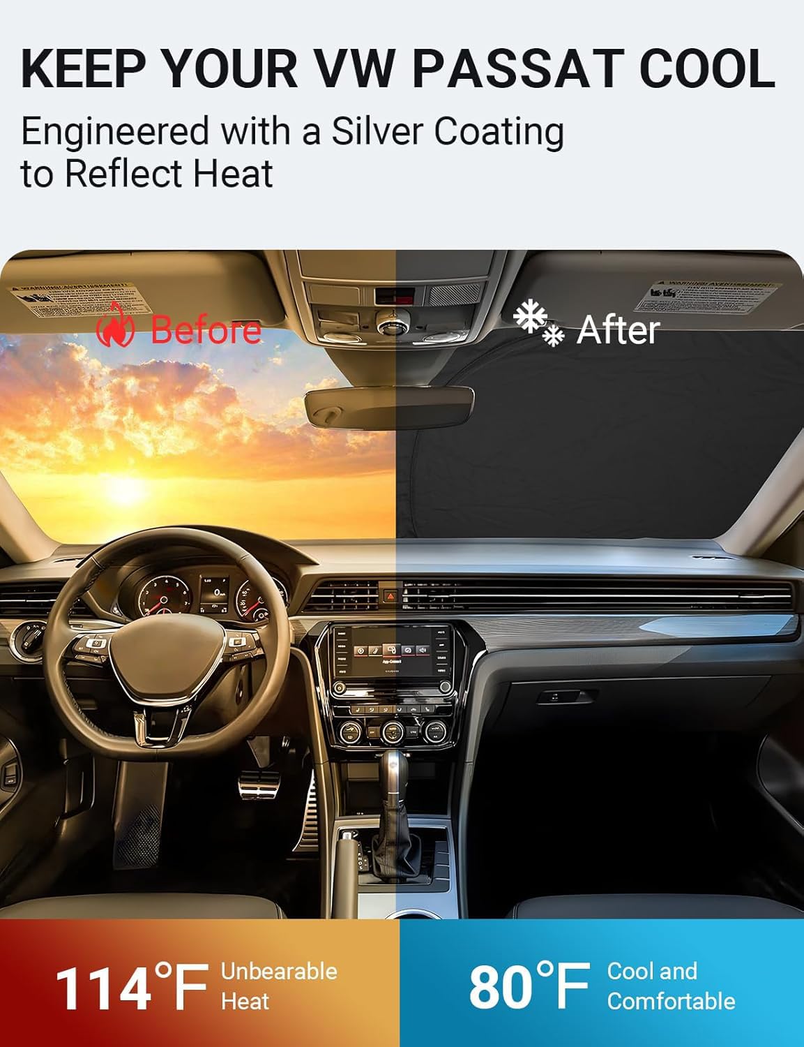 Proadsy 2025 Windshield Sun Shade for VW Passat 2012-2022 - 4-Layer Foldable UV Blocking Protector in Black & Silver