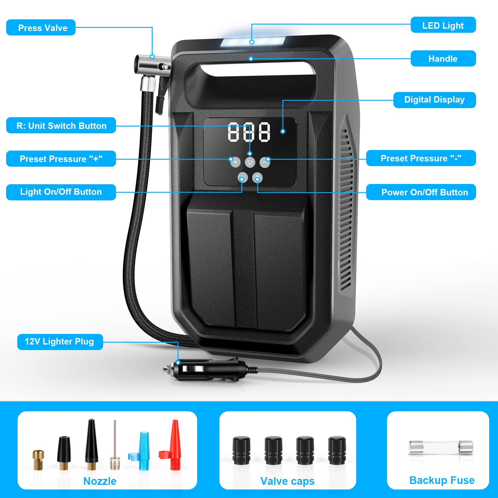 Fbk Tire Inflator Portable Air Compressor Tire Air Pump For Car Tires - Car Accessories, 12V Dc Auto Pump With Digital Pressure